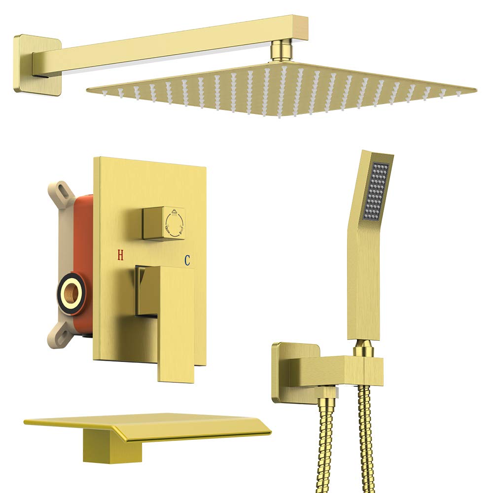 12 Inch High Pressure Rainfall Shower System with Handheld Shower Head & Bathtub Faucet - 3 Function Shower Valve Trim Kit in Brushed Gold - Perfect for Modern Bathroom Renovation and Spa-Like Shower Experience