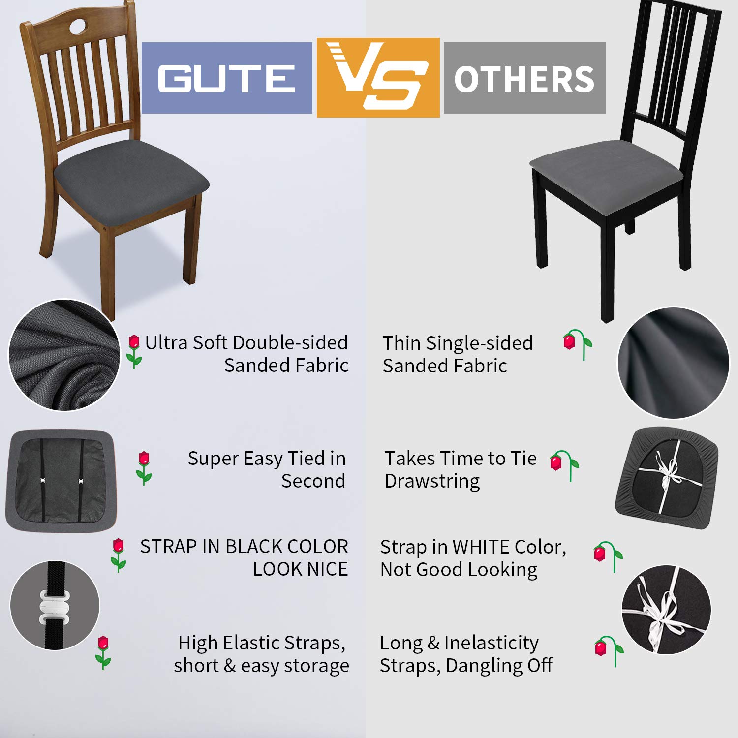 Stretchable Dining Room Chair Seat Covers with Ties - 6 Pack Solid Grey Kitchen Chair Protectors for Home & Restaurant Use - Perfect for Everyday Dining, Entertaining Guests, and Protecting Chairs from Spills