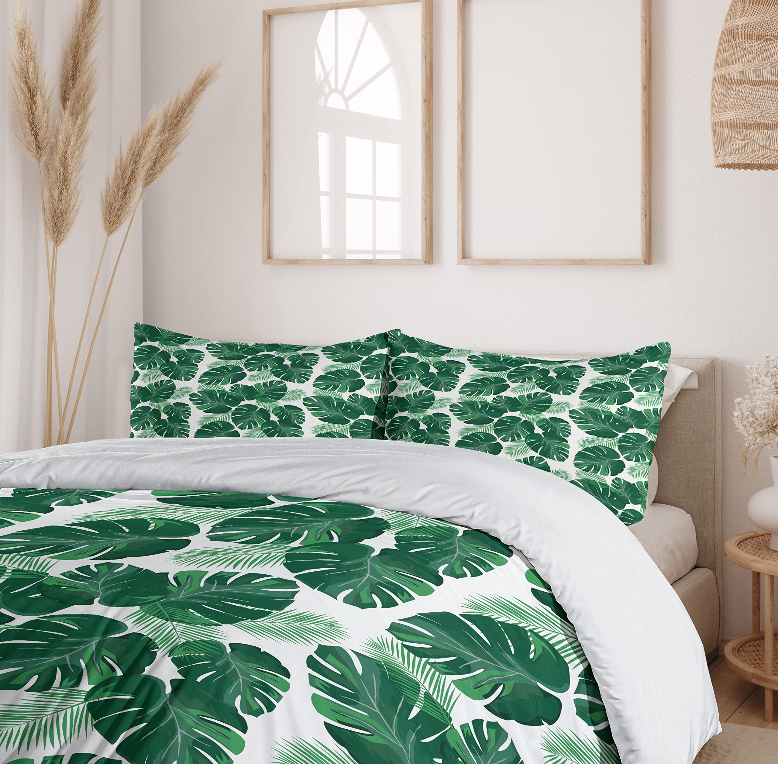 Ambesonne Monstera Leaf Duvet Cover Set - King Size 3-Piece Bedding with 2 Pillow Shams, White & Jade Green Tropical Botanical Print - Perfect for Bohemian & Jungle Theme Bedrooms