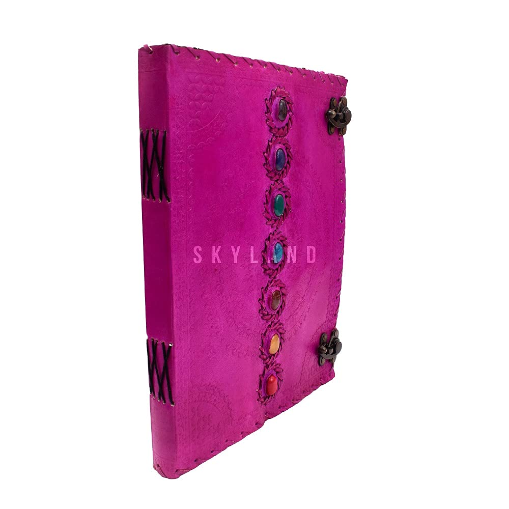 SKYLAND Handmade Leather Journal - Seven Chakra Embossed Medieval Stone Design, 10x13 inch Pink Book of Shadows | Perfect for Wiccan Rituals, Poetry Writing, Sketching & Office Diary | Premium College Notebook & Gift Idea