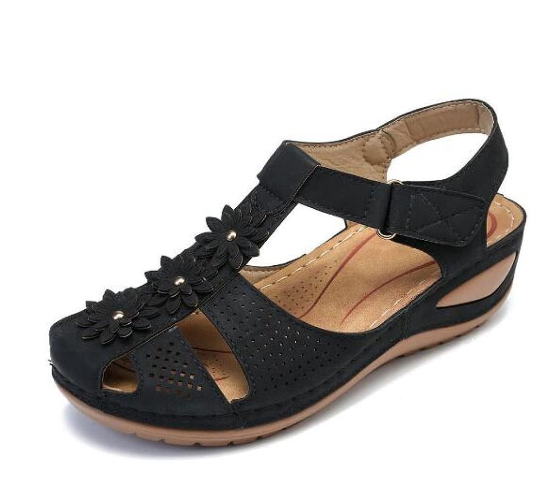 Women's Comfortable Summer Sandals with Slope Heel - Fashion Flower Beach Shoes, Lightweight Platform High Heels for Ladies, All-Match Casual & Dressy Wear - Perfect for Beach, Vacation, and Everyday Outfits (Black, Size 7)