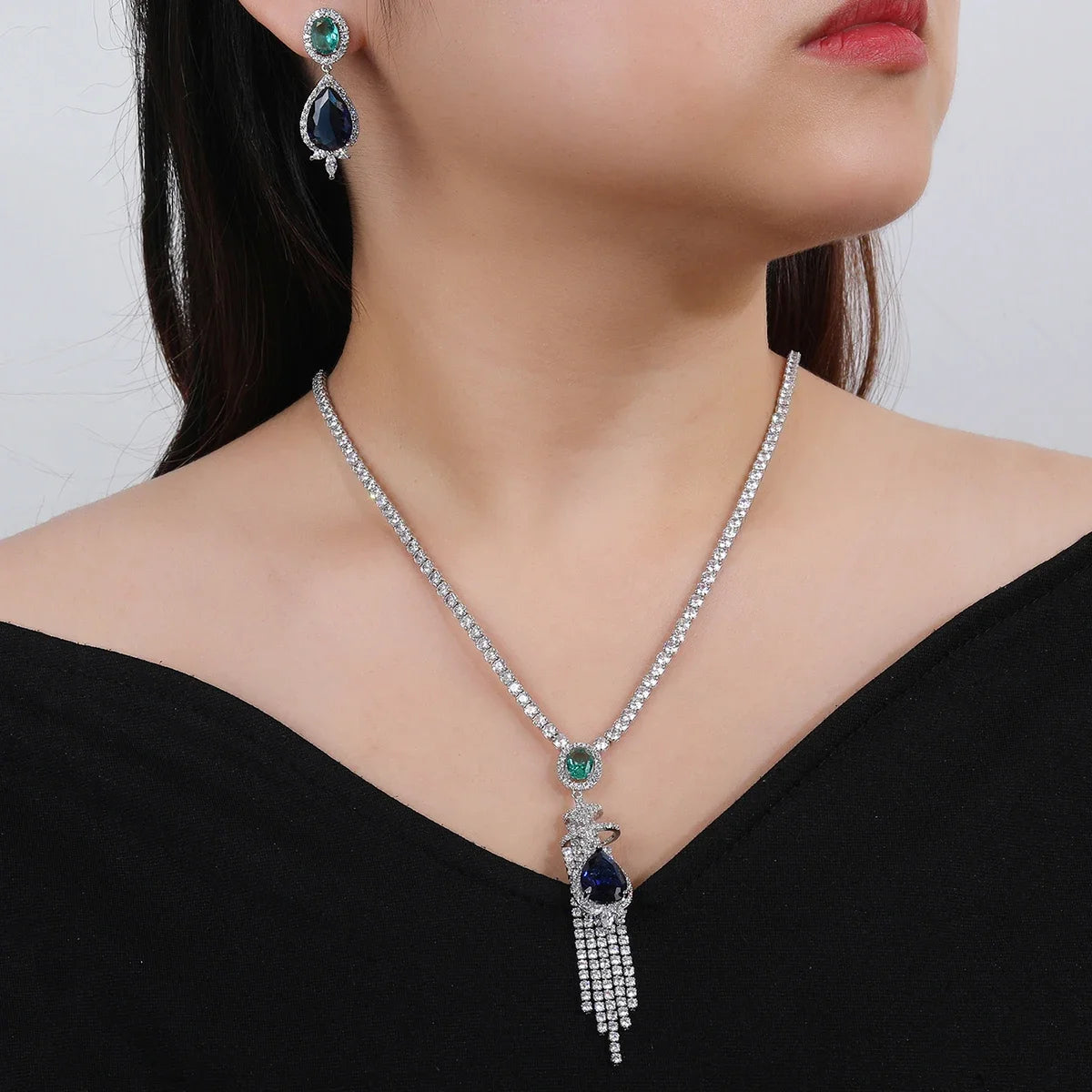 Elegant CZ Cubic Zirconia Long Tassel Pendant Necklace & Earrings Set for Women - Bridal Wedding Jewelry Gift Set (CN11008) | Perfect for Weddings, Anniversaries and Special Occasions