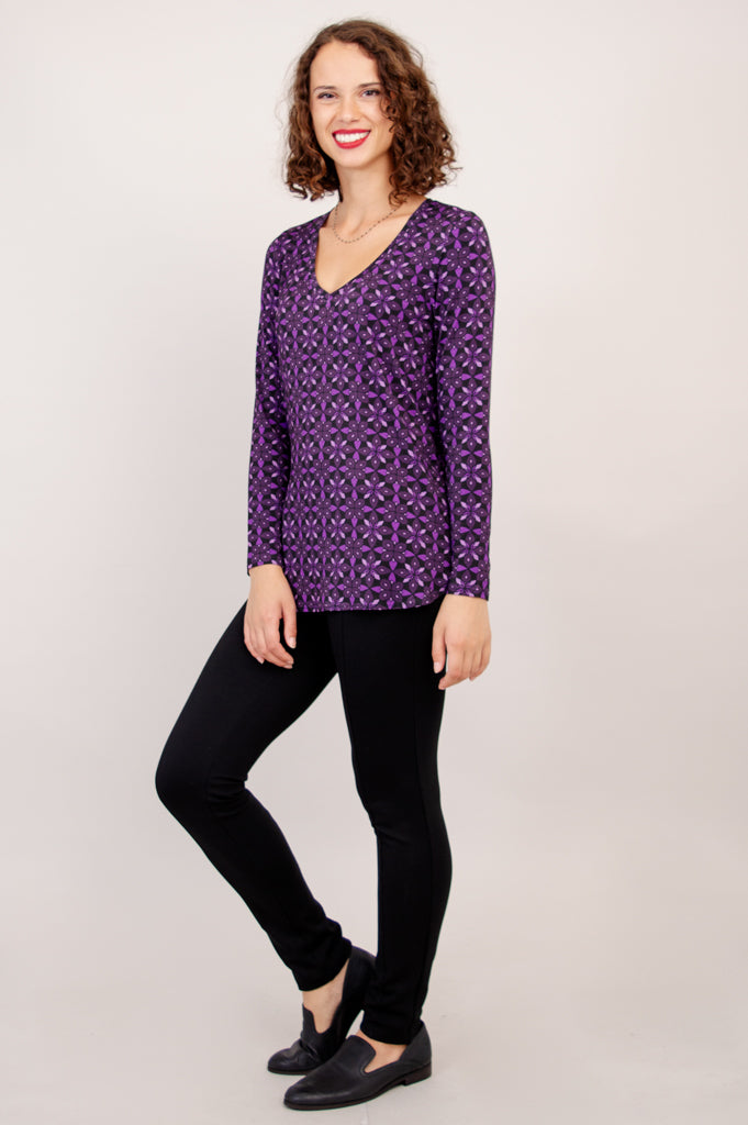 Jackie Long Sleeve Top with Geo Flower Print - Soft Bamboo Fabric - Perfect for Casual Wear & Layering - Final Sale