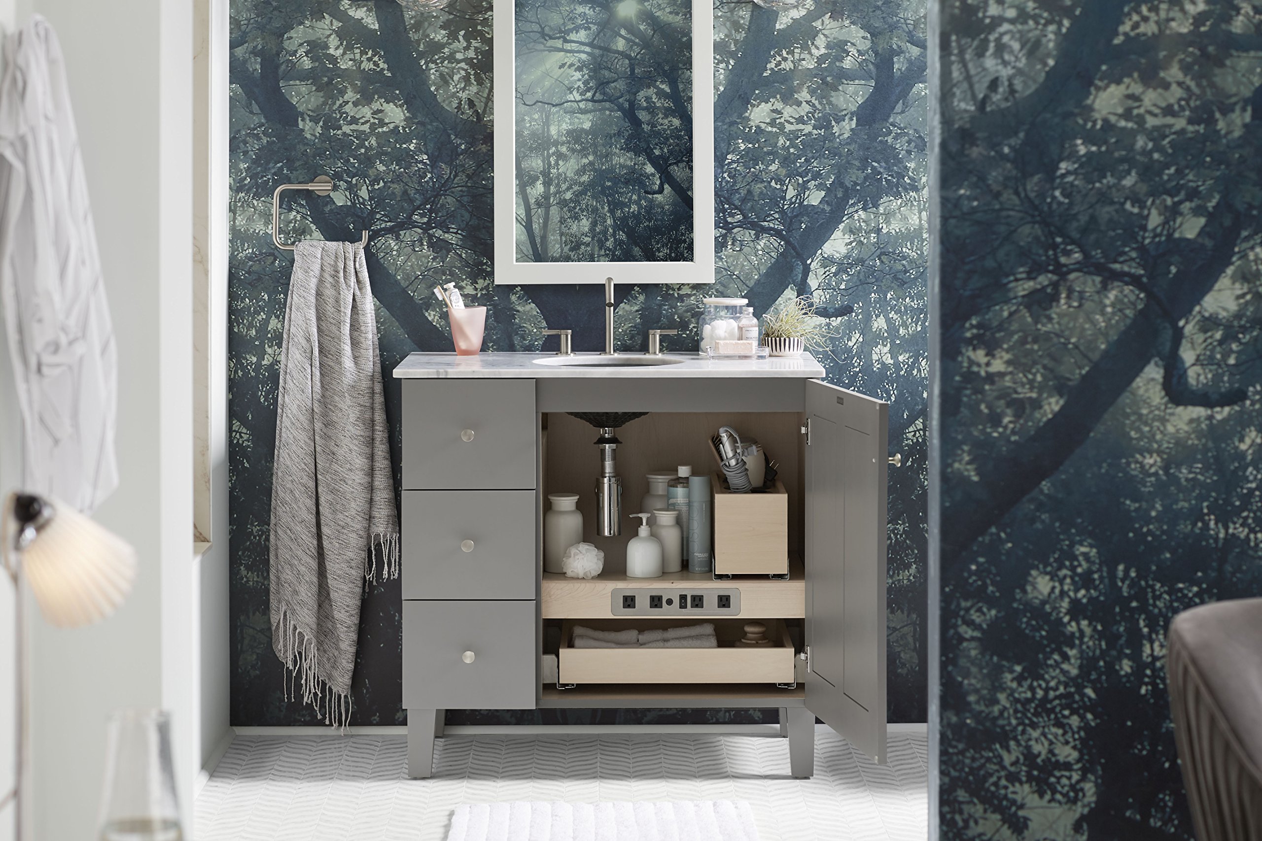 KOHLER 99678-SH11-1WR Adjustable Shelf with Electrical Outlets for 36-Inch Vanity - Natural Maple Finish | Perfect for Bathroom Storage & Charging Devices | Compatible with KOHLER Tailored Vanities (1 Door 3 Drawers Left Side)