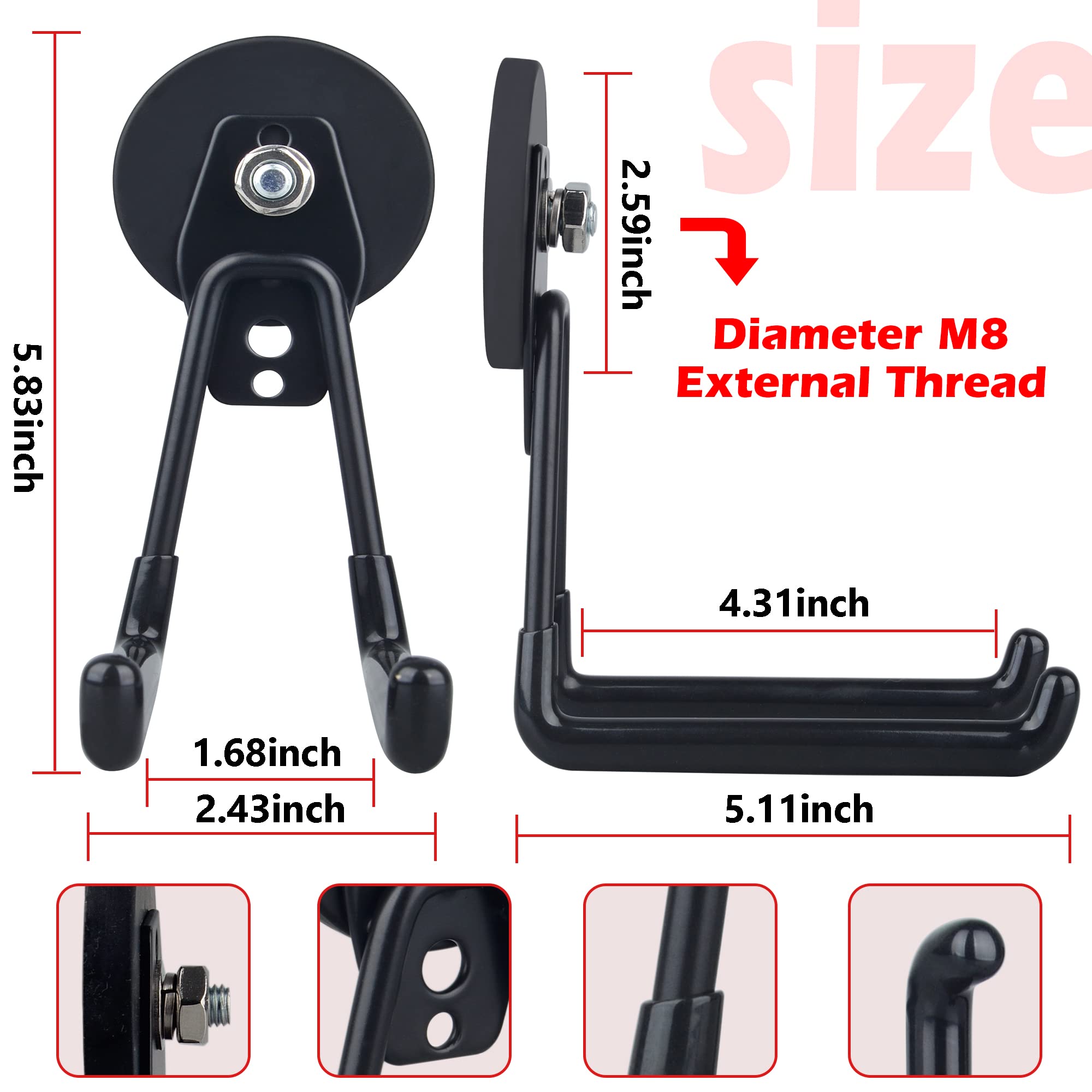 ULIBERMAGNET Heavy Duty Magnetic Hooks 2 Pack - XL 2.59 Inch Power Tool Organizer for Workshop & Garage - Strong Cordless Drill Hooks for Garden Tools, DIY Projects & Home Organization (Black)