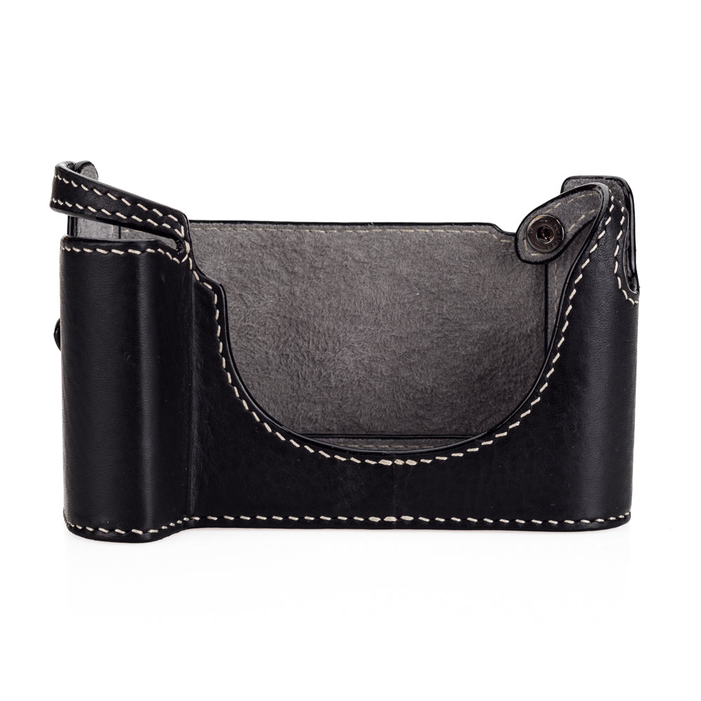 Arte di Mano M10 Half Case for Leica M10 Camera - Handgrip with Back Flap | Minerva Black with White Stitching & Gray Suede Interior | Premium Leather Protection for Photography Enthusiasts