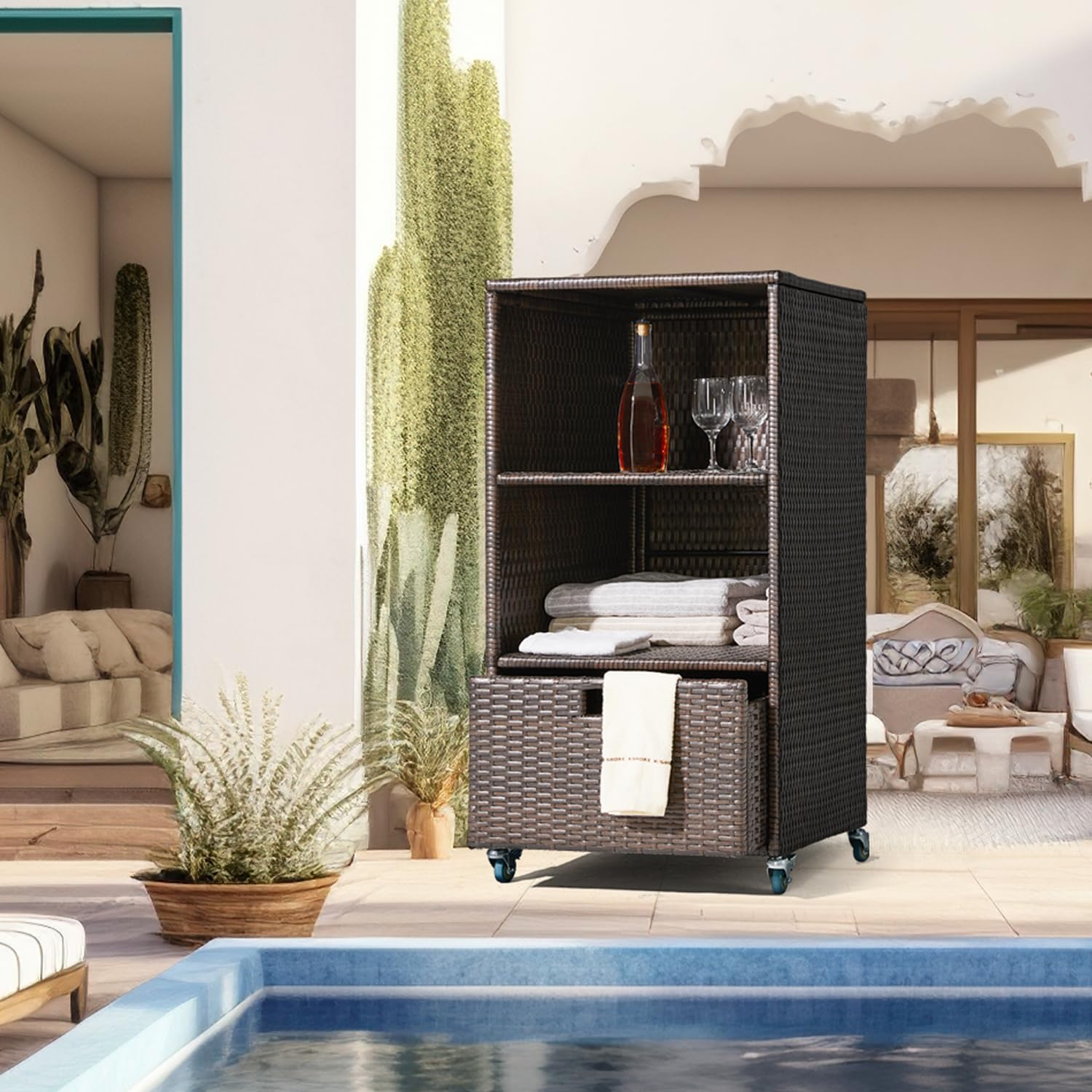 Outdoor Towel Rack for Pool - Waterproof Wicker Towel Storage Cabinet with Shelf, Drawer & Rolling Wheels - Espresso Poolside Towel Holder with Cover - Perfect for Hot Tub, Beach House & Backyard Patio