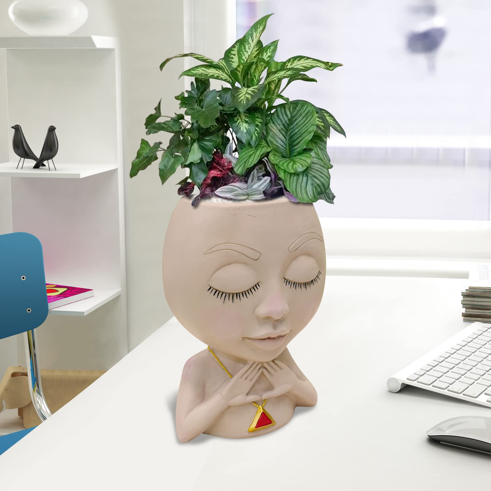 Face Planter Pot for Succulents & Cactus - Resin Flower Pot with Drainage Hole & Closed Eyes Design - Perfect for Home Decor, Office Desk, and Garden Plant Display