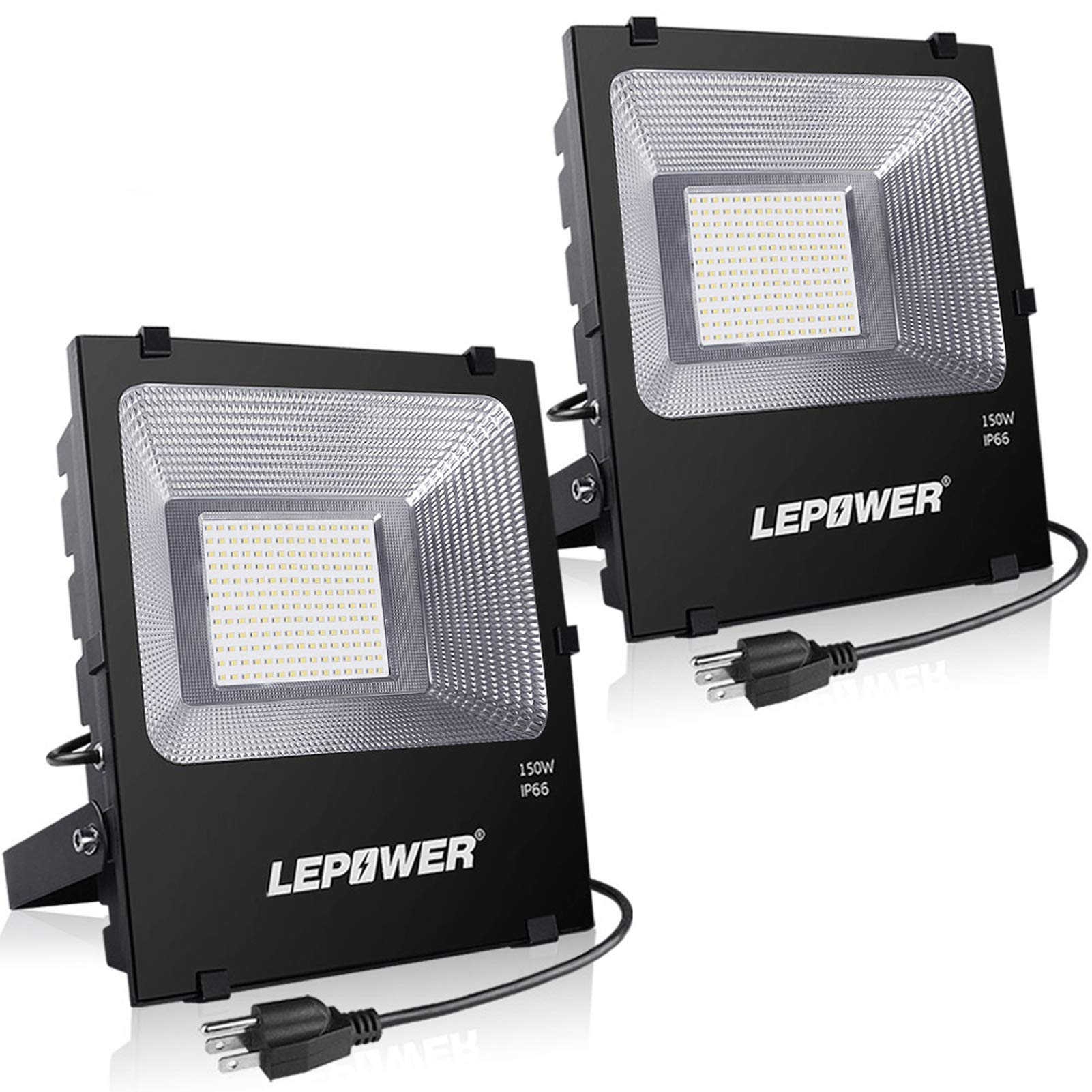 LEPOWER 150W LED Flood Light Outdoor, 11000lm 6000K Daylight White, IP66 Waterproof Plug-in Work Light for Garage, Backyard, Basketball Court, Playground - 2 Pack - Perfect for Security Lighting, Landscape Illumination, and Event Lighting