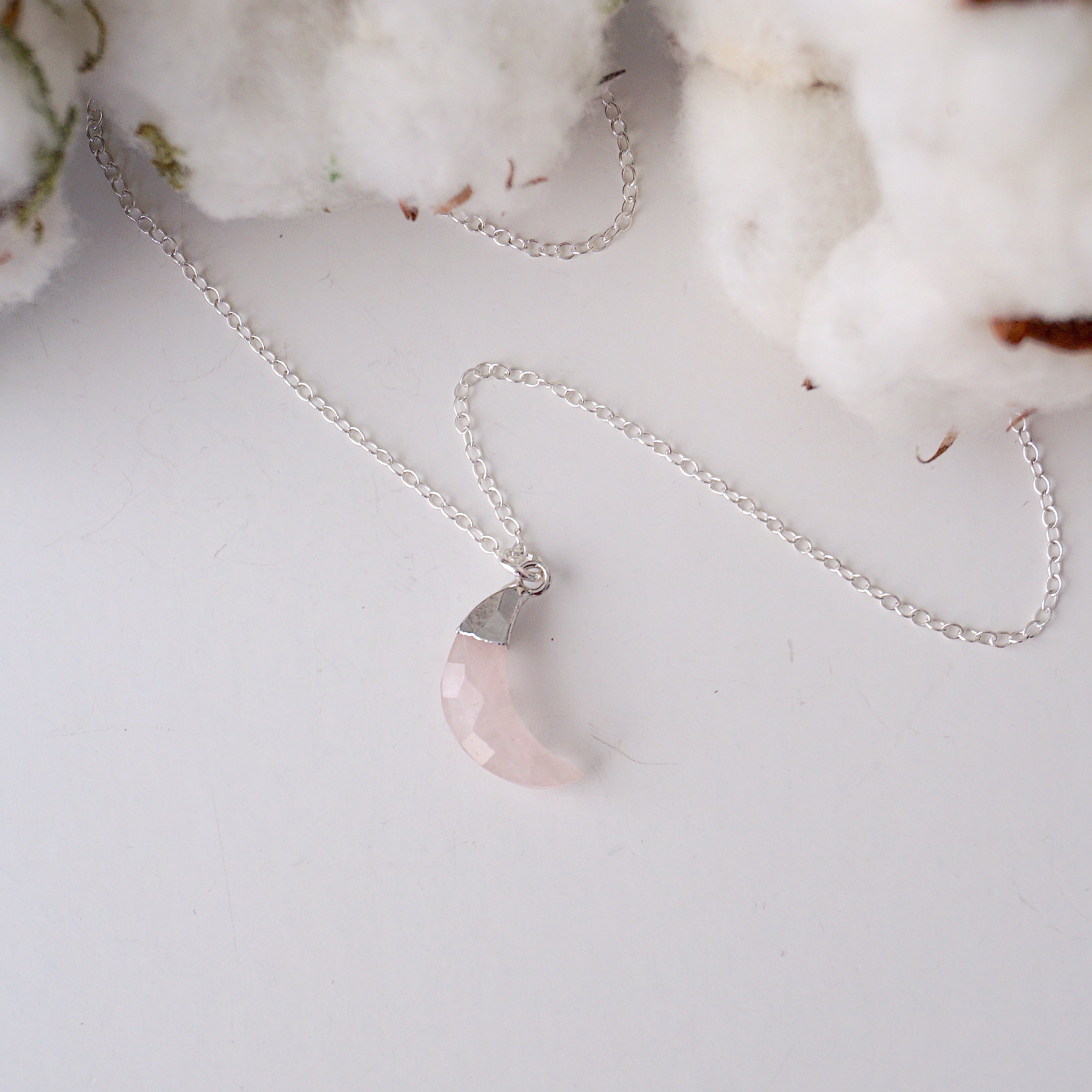 Sterling Silver Rose Quartz Moon Charm Necklace - Elegant Dainty Jewelry for Women, Gift for Her, Valentine's Day, Birthday, Anniversary | Perfect for Everyday Wear, Date Night, Special Occasions