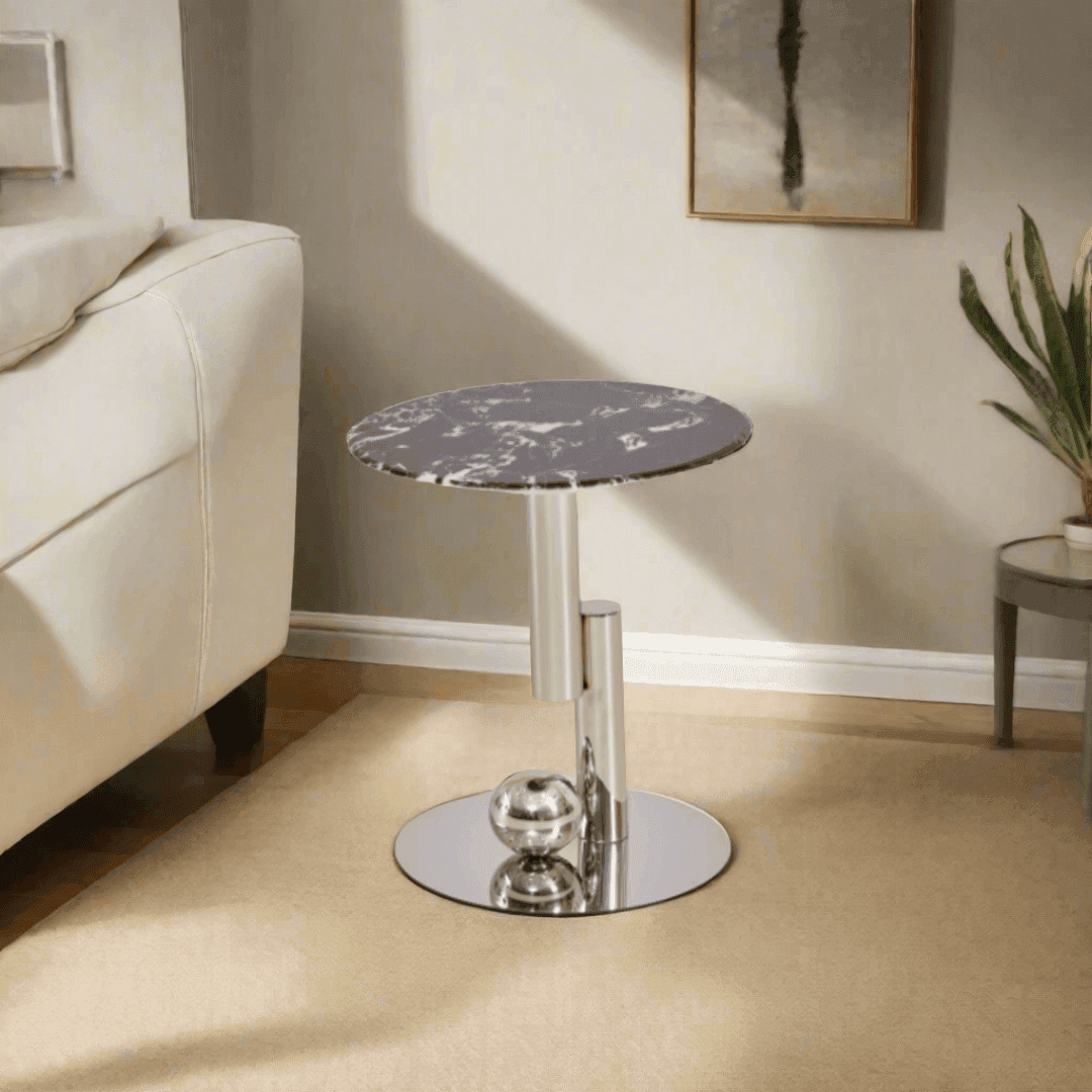 Giada Cultured Marble Side Table with Chrome Base - Elegant End Table for Living Room, Bedroom or Office Decor