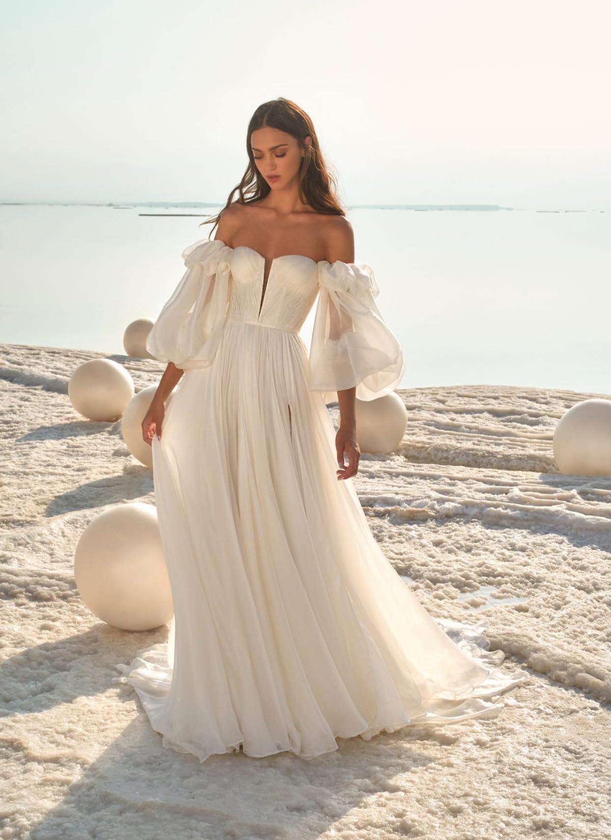 Elegant Off Shoulder Wedding Dresses with Puffy Sleeves & Train - Romantic Bridal Gowns for Women - Perfect for Beach, Church & Outdoor Ceremonies