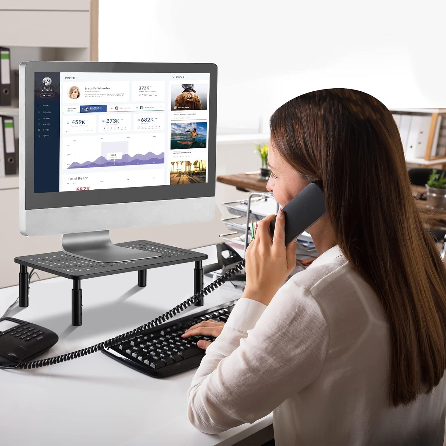 Suptek Adjustable Monitor Stand Riser - Ergonomic Vented Metal Platform for Computer, Laptop, Printer & Flat Screen Displays - 3 Height Settings with Under Desk Storage - Perfect for Home Office & Workspace Organization (MST003)