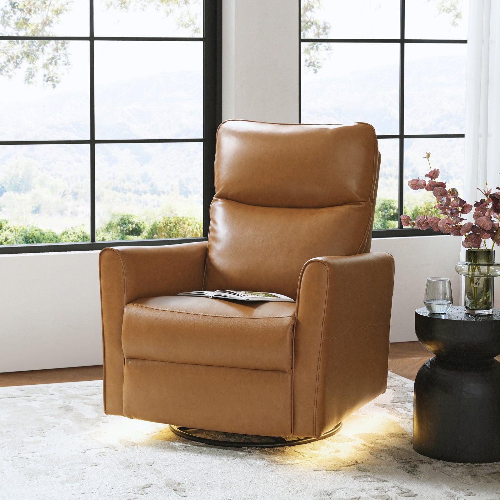 Modern Faux Leather Power Swivel Recliner Chair with USB Charging & Adjustable LED Reading Lamp - Perfect for Home Theater, Living Room & Office Relaxation