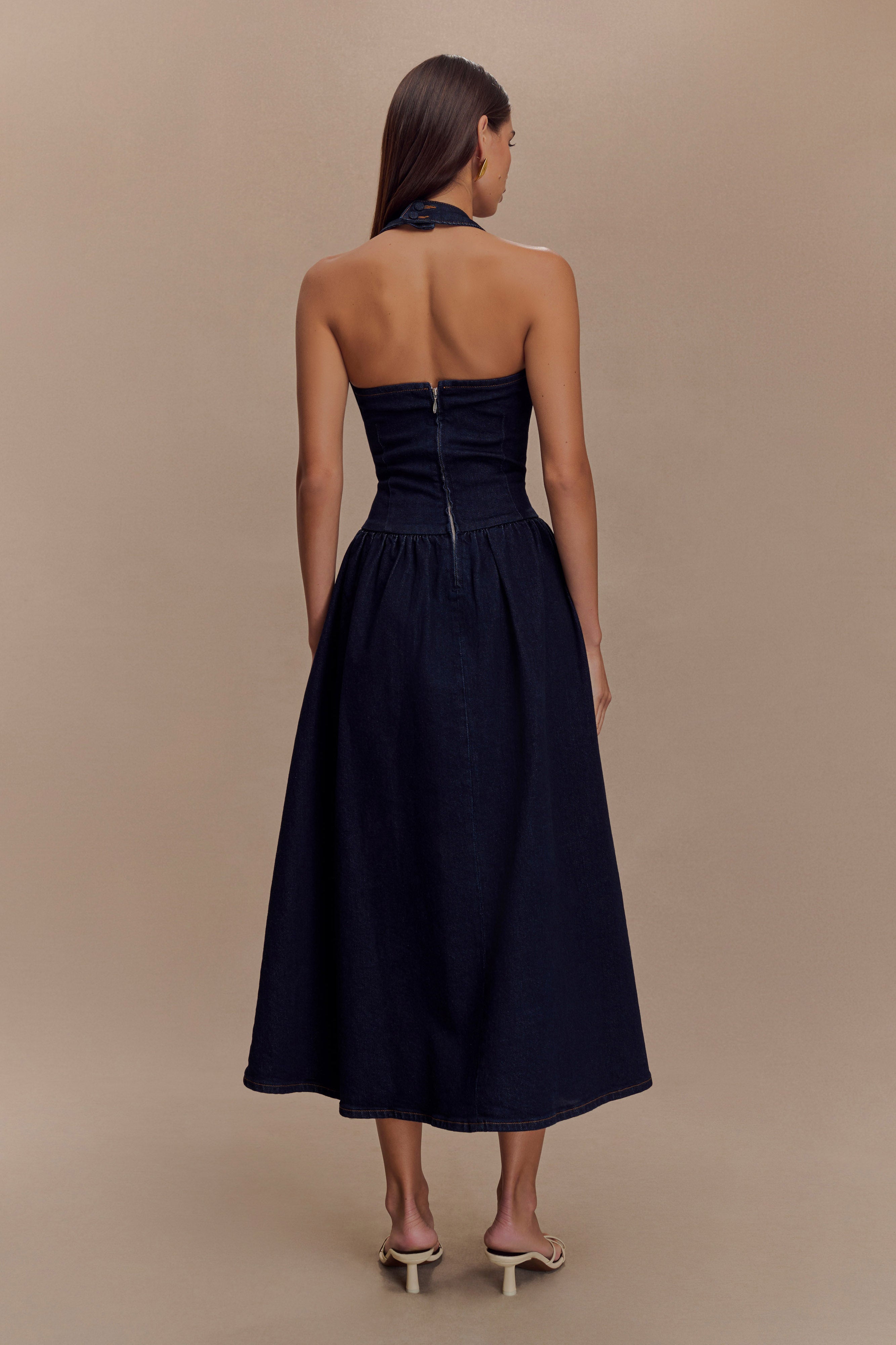 Caroline Denim Halter Midi Dress for Women - Indigo Blue Stretch Denim Summer Dress - Perfect for Beach Vacation, Date Night & Casual Outings