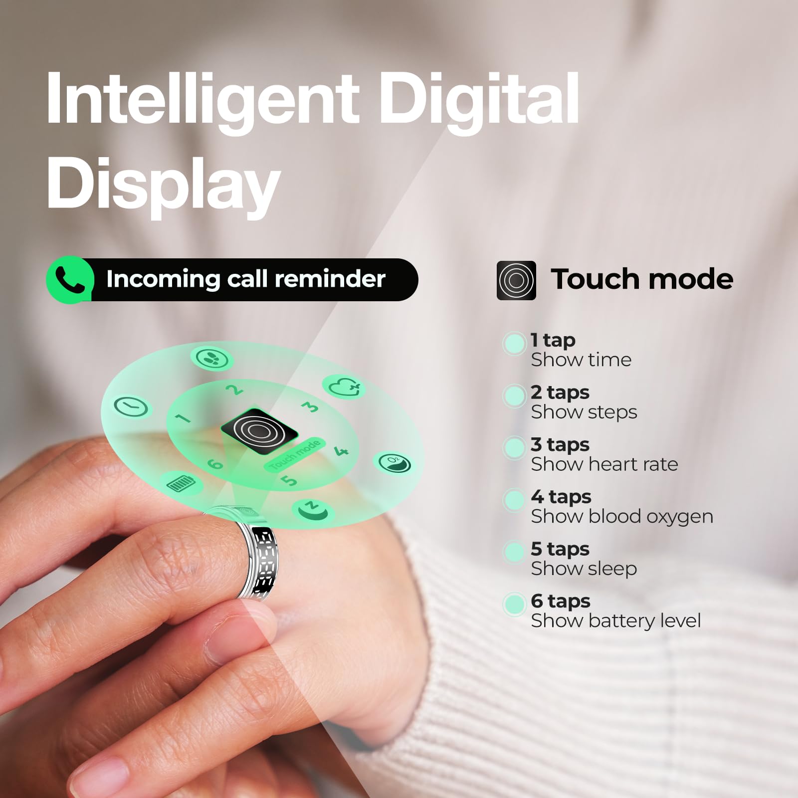 Smart Ring with Digital Display - Health & Fitness Tracker for Heart Rate, Blood Oxygen & Sleep Monitoring | Waterproof Activity Tracker | TikTok Remote Control | No Subscription Needed (Silver, Size 8) | Perfect for Workouts, Sleep Tracking & Social Media Control