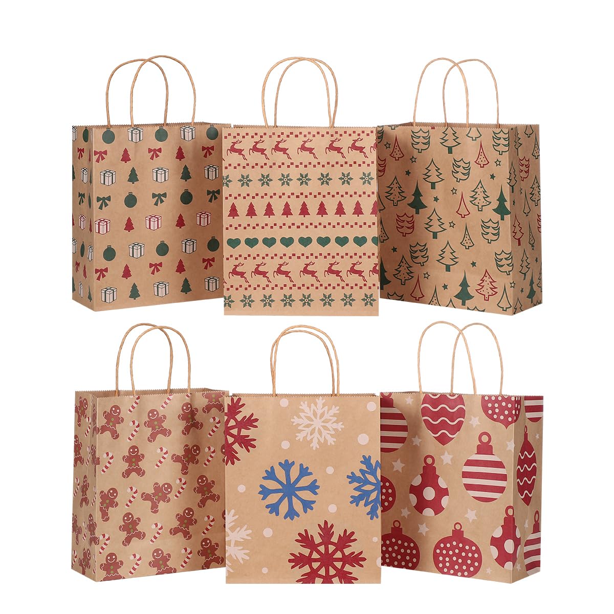 24pcs Christmas Kraft Gift Bags with 6 Festive Patterns - Eco-Friendly Holiday Paper Pouches for Party Favors, Candy, Gifts | Perfect for Christmas Parties, Office Exchanges & Festive Decorations
