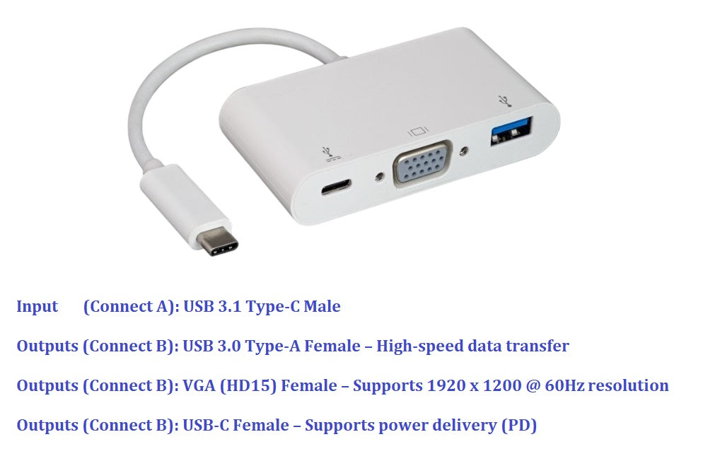 3-in-1 USB C Adapter with VGA (HD15), USB 3.0 Port & Type C Charging - Perfect for MacBook, Laptop & Tablet Connectivity