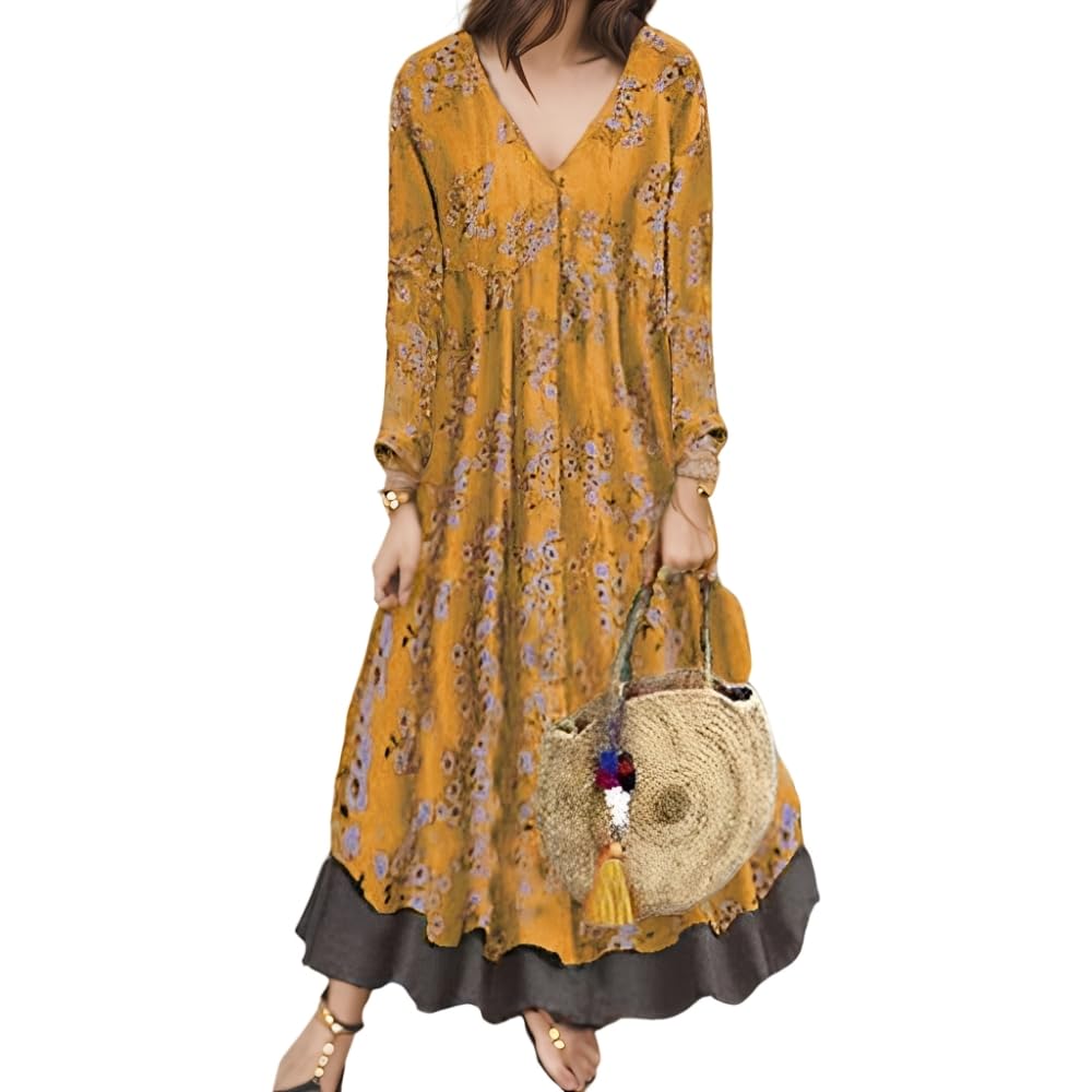 Boho Floral Print Long Sleeve Midi Dress for Women - Loose Fit Crew Neck Spring Dress with 2 Pockets | Perfect for Casual Outings, Beach Vacations & Festival Wear