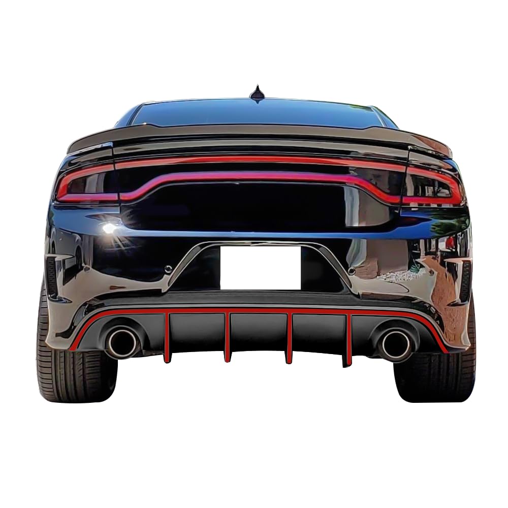 IKON MOTORSPORTS Bumper Lip Spoiler for 2015-2023 Dodge Charger SRT - Factory Style Rear Diffuser with Red Reflective Tape - Enhances Aerodynamics & Sporty Look for Street Racing & Car Shows