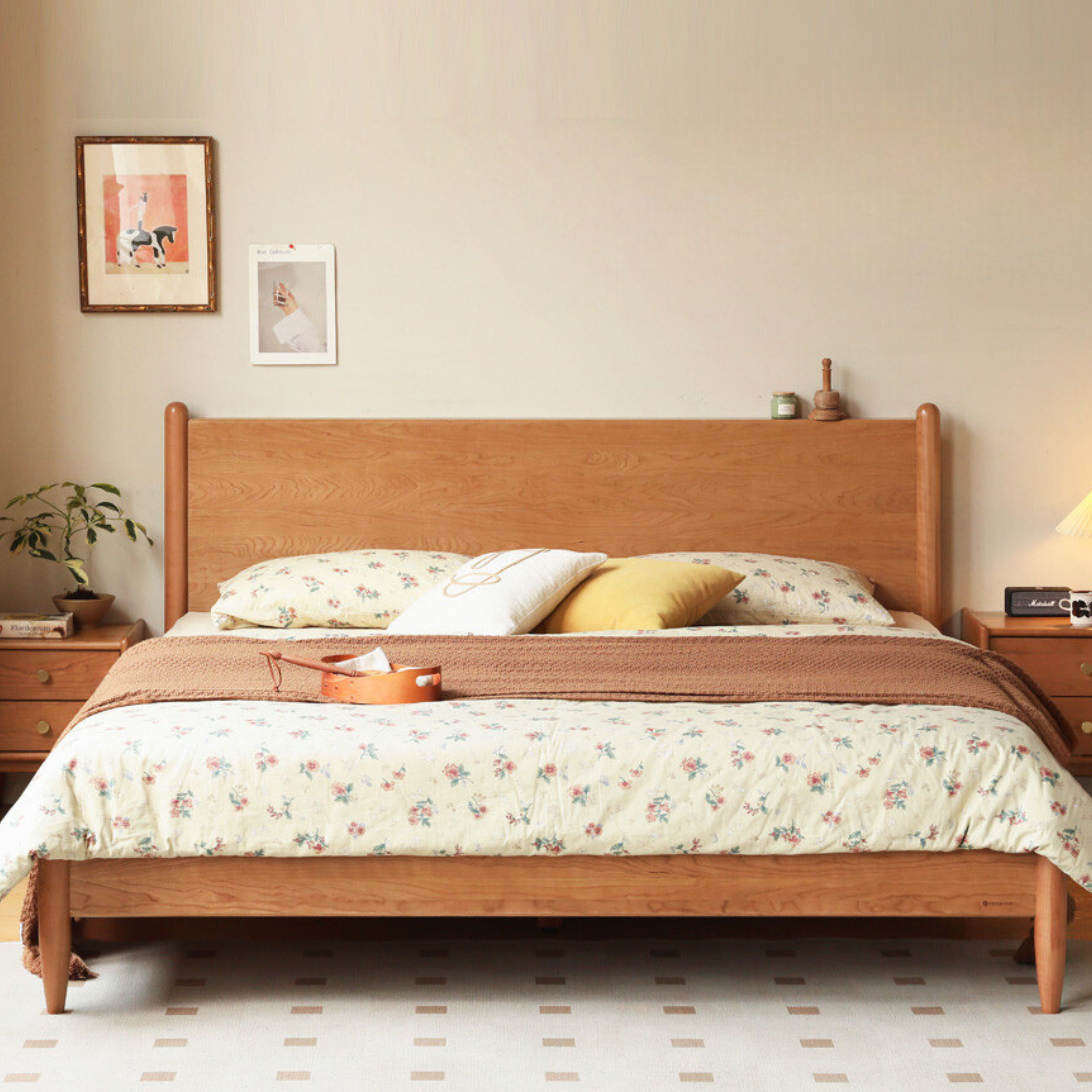 Solid Oak, Black Walnut & Cherry Wood Bed Frame - Handcrafted Queen Size Wooden Bed with Sturdy Slat Support - Perfect for Master Bedroom, Guest Room or Rustic Cabin Decor