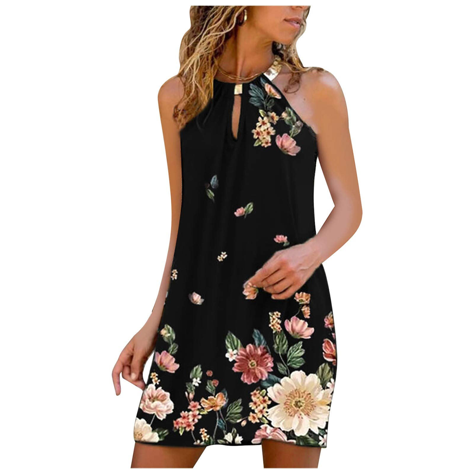 Women's Summer Casual Sleeveless Midi Dress - Halter Neck Beach Sundress for Party, Vacation & Outdoor Activities | Flowy Comfort Fit for Hot Weather | Perfect for Beach Trips, Poolside Lounging & Summer Festivals