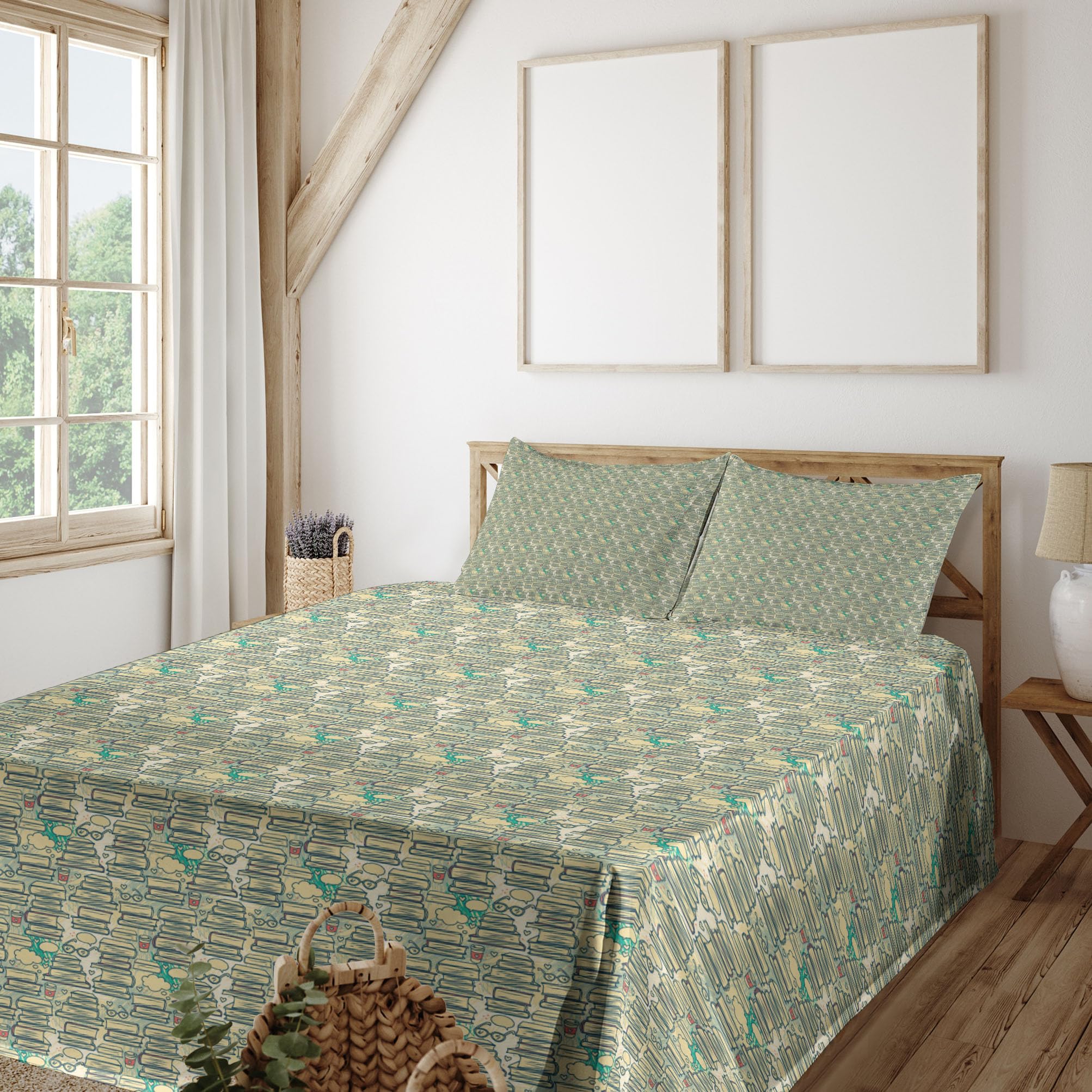 Ambesonne 4-Piece Book Lover Bedding Set - Stacks of Books with Thought Bubbles, Glasses & Coffee Cups Design - Fitted Sheet, Flat Sheet & 2 Pillowcases - Cream Almond Green - Perfect for College Dorms, Reading Nooks & Bookworm Bedrooms
