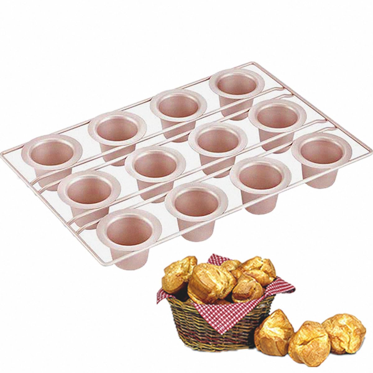 12-Cavity Non-Stick Popover Pan - Yorkshire Pudding, Muffin & Cupcake Baking Mold for Oven - Premium Champagne Gold Bakeware - Perfect for Holiday Baking, Brunch & Party Desserts