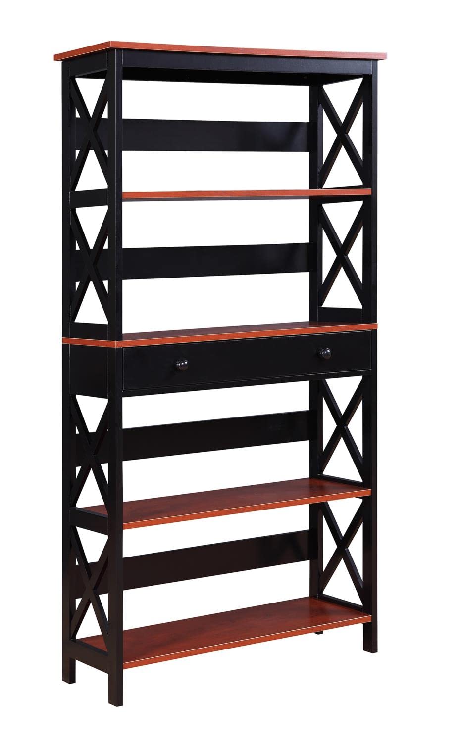 Oxford 5-Tier Bookcase with Storage Drawer - Cherry & Black Finish - Perfect for Home Office, Living Room, or Bedroom Organization