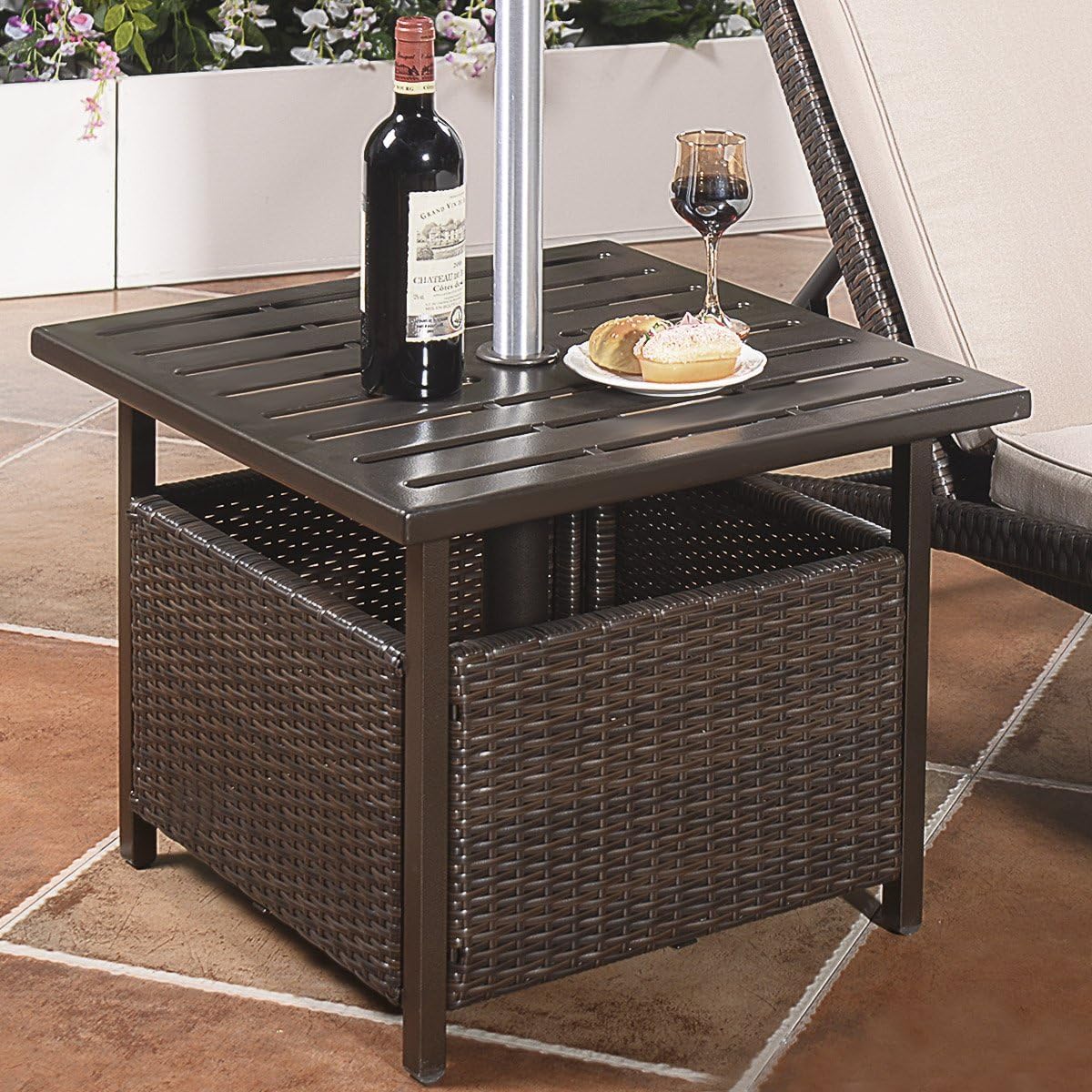 Casart Outdoor Side Table with Umbrella Hole - Square Wicker PE Rattan Coffee Table with Metal Tabletop - Patio End Table for Garden, Backyard, Poolside & Deck - Perfect for Outdoor Dining, Lounging & Entertaining