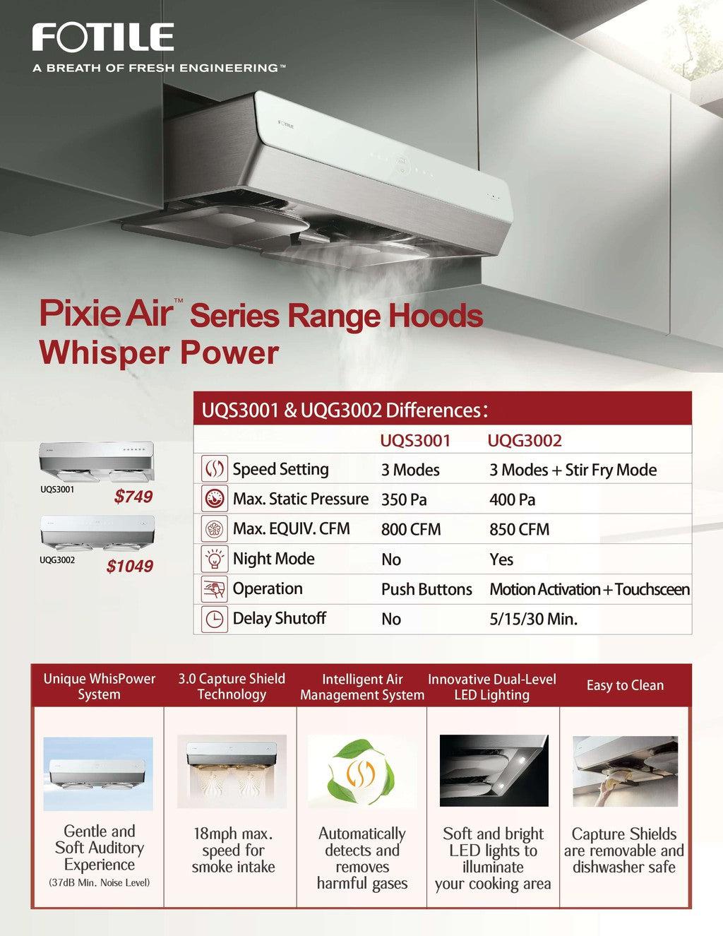 Fotile Pixie Air Series 30-inch Slim Under Cabinet Range Hood - Powerful WhisPower Motor, Multiple Color Options (UQS300) - Perfect for Modern Kitchens & Small Spaces