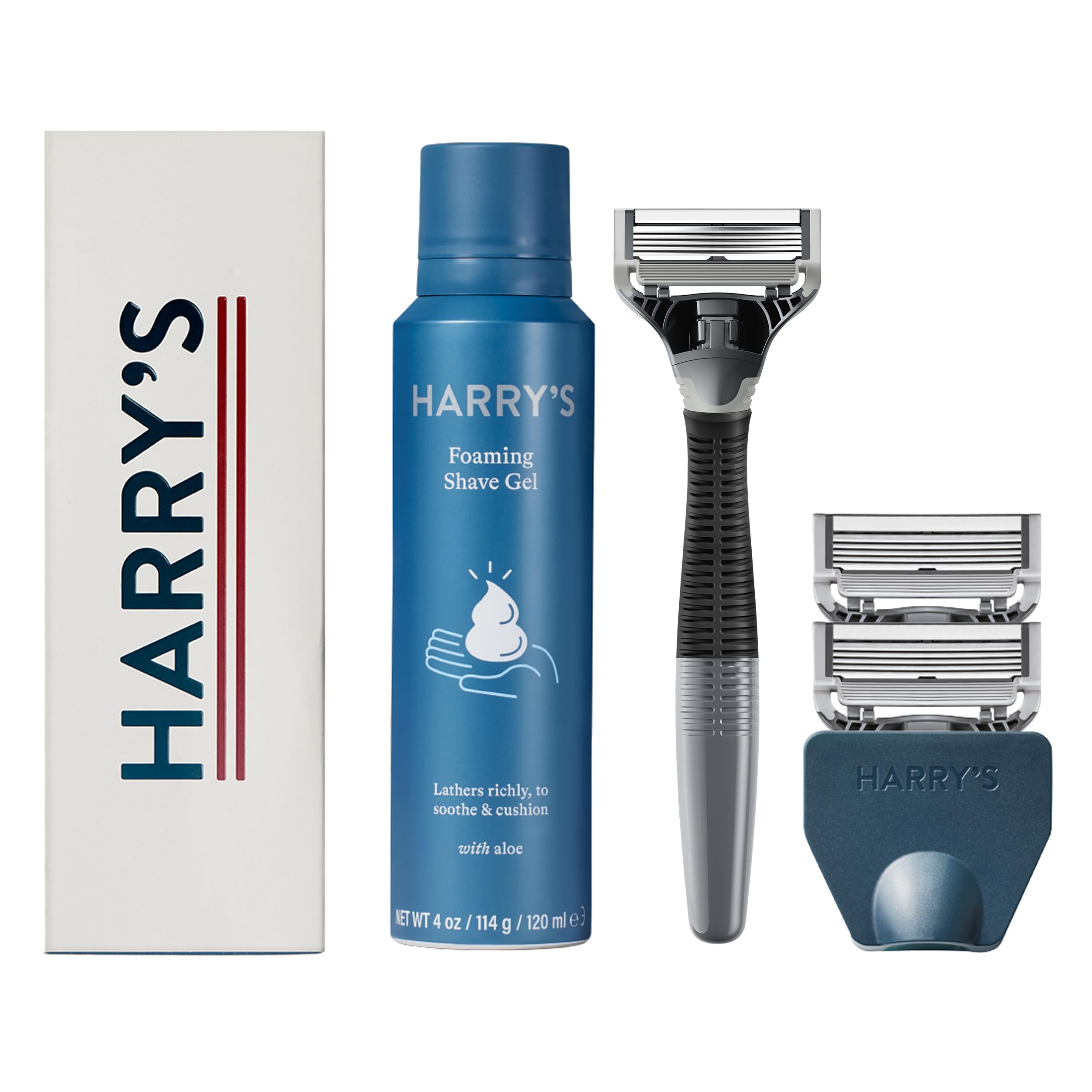 Premium Harry's Men's Shaving Kit - 5-Blade Razor Handle with 3 Refills, Foaming Shave Gel & Travel Cover - Charcoal Black - Perfect for Travel & Daily Grooming Routine