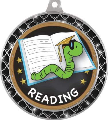 2.5 Inch Black Trellis Reading Medal - Silver Book Worm Trophy Award for Kids | Perfect for Reading Challenges, School Literacy Programs & Student Achievement Recognition