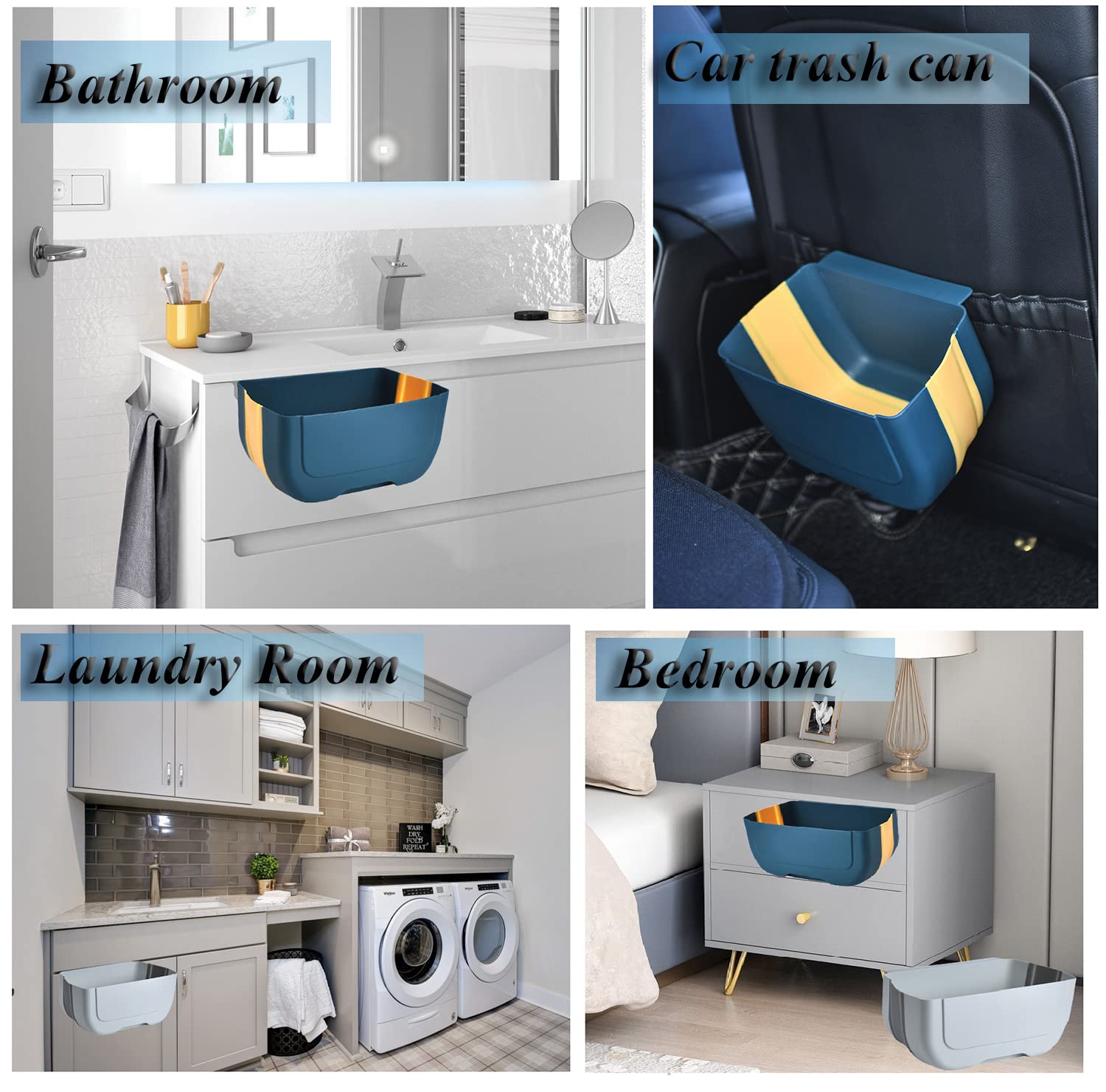 Foldable Hanging Trash Can for Kitchen Cabinet Door - 3L Collapsible Garbage Bin Under Sink, Wall Mounted Waste Container for Bathroom, Bedroom & Office - Space Saving Solution (Blue & Yellow) - Perfect for Small Spaces, RVs and Dorm Rooms