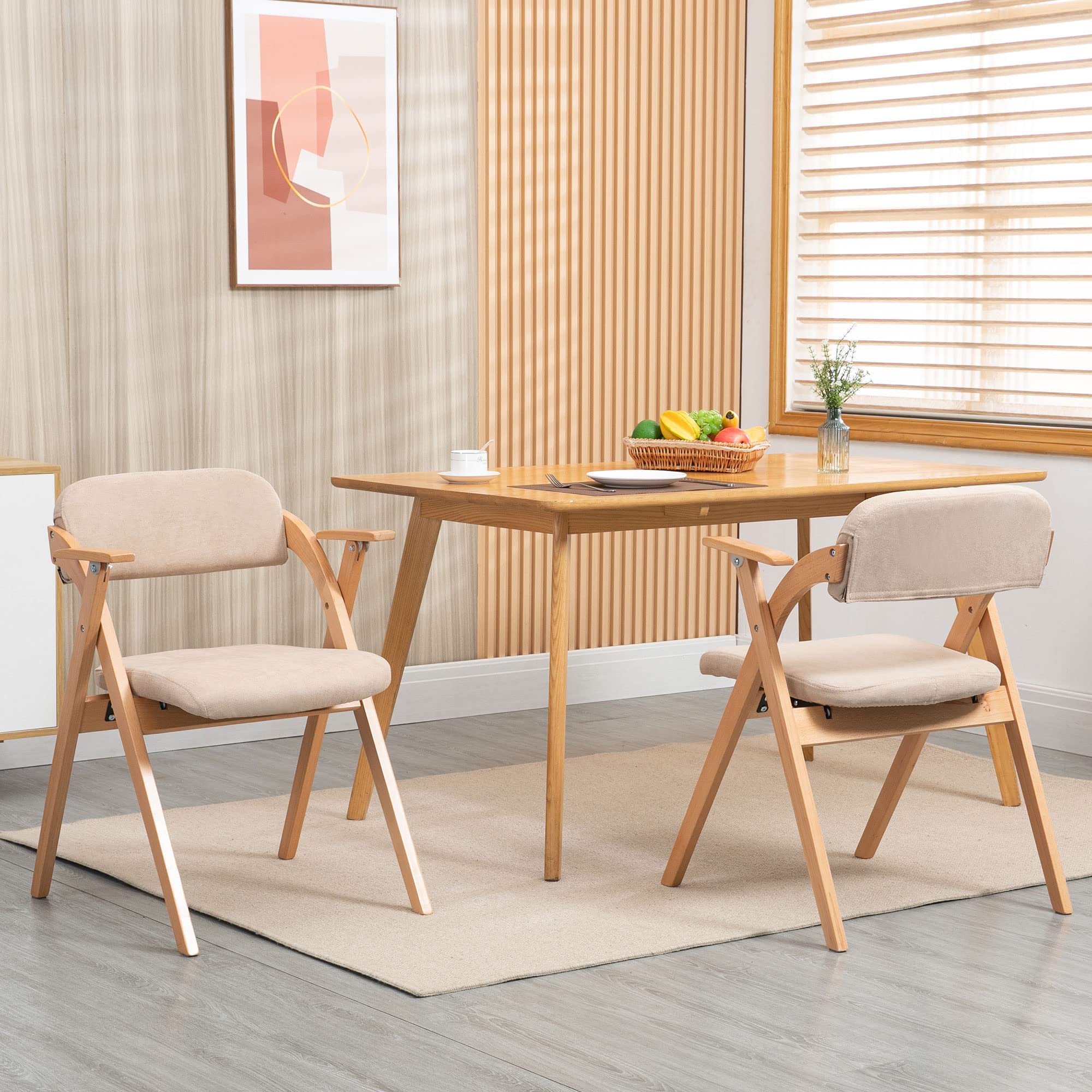 HOMEFUN Set of 2 Wooden Folding Chairs with Armrests & Padded Seats - Stackable Space-Saving Dining Chairs for Kitchen, Office, Wedding, Party & Guest Seating - Khaki