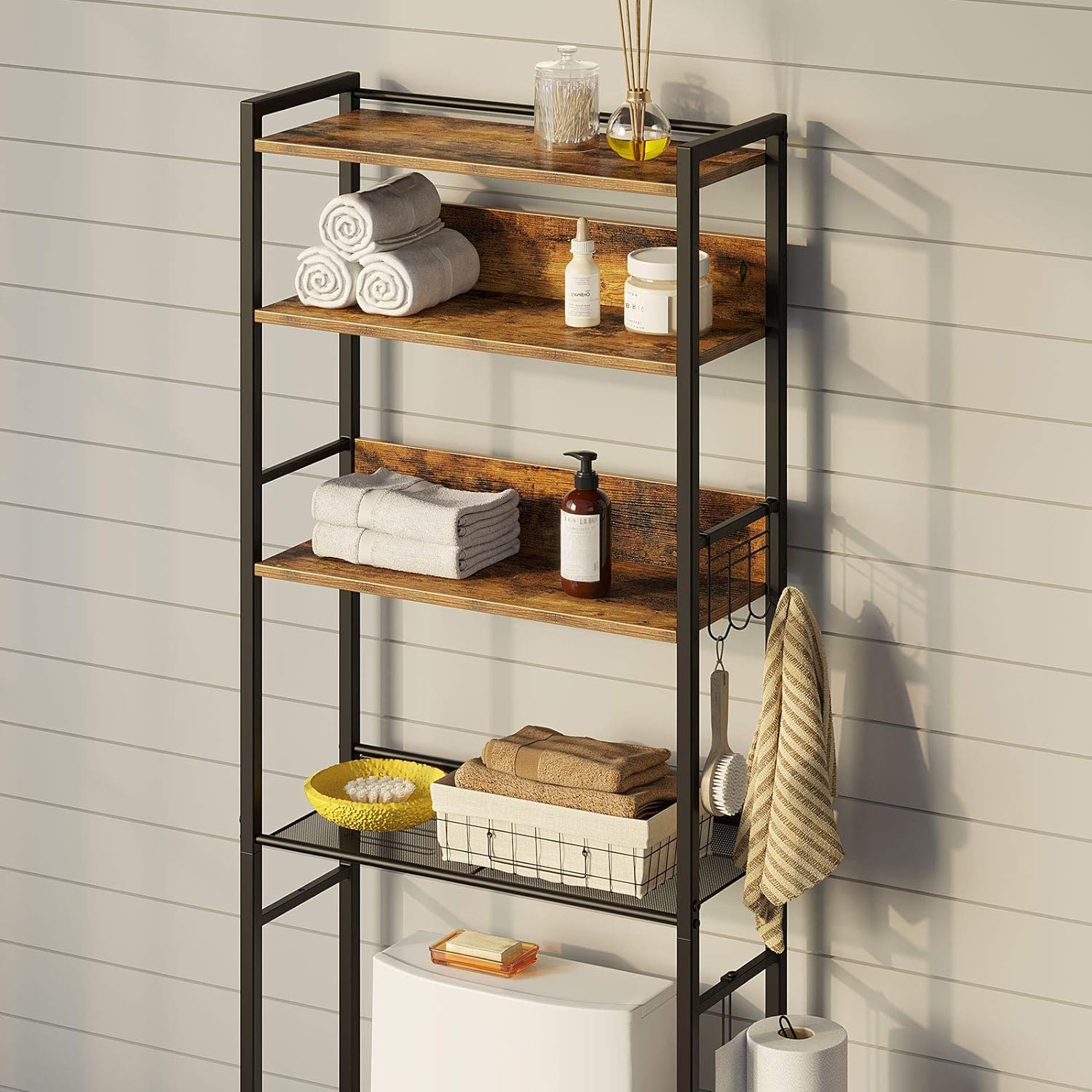 Rolanstar 4-Tier Over The Toilet Storage Organizer - Freestanding Bathroom Shelf with Hooks, Space-Saving Design for Small Bathrooms, Rustic Brown - Perfect for Towels, Toilet Paper & Bathroom Essentials Storage