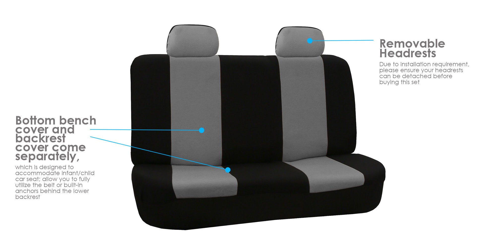 FH Group Universal Car Seat Covers Full Set - Gray Flat Cloth Bench & Seat Covers for Cars, Trucks & SUVs | Durable Interior Accessories Combo with E-Z Travel Tissue Dispenser | Perfect for Road Trips & Daily Commutes