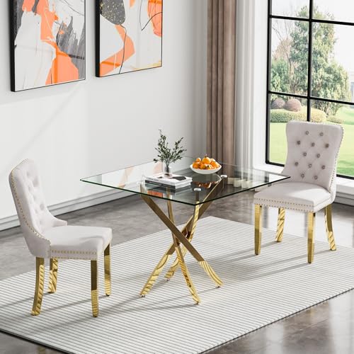 Gold Square Table With 2 Beige Chairs