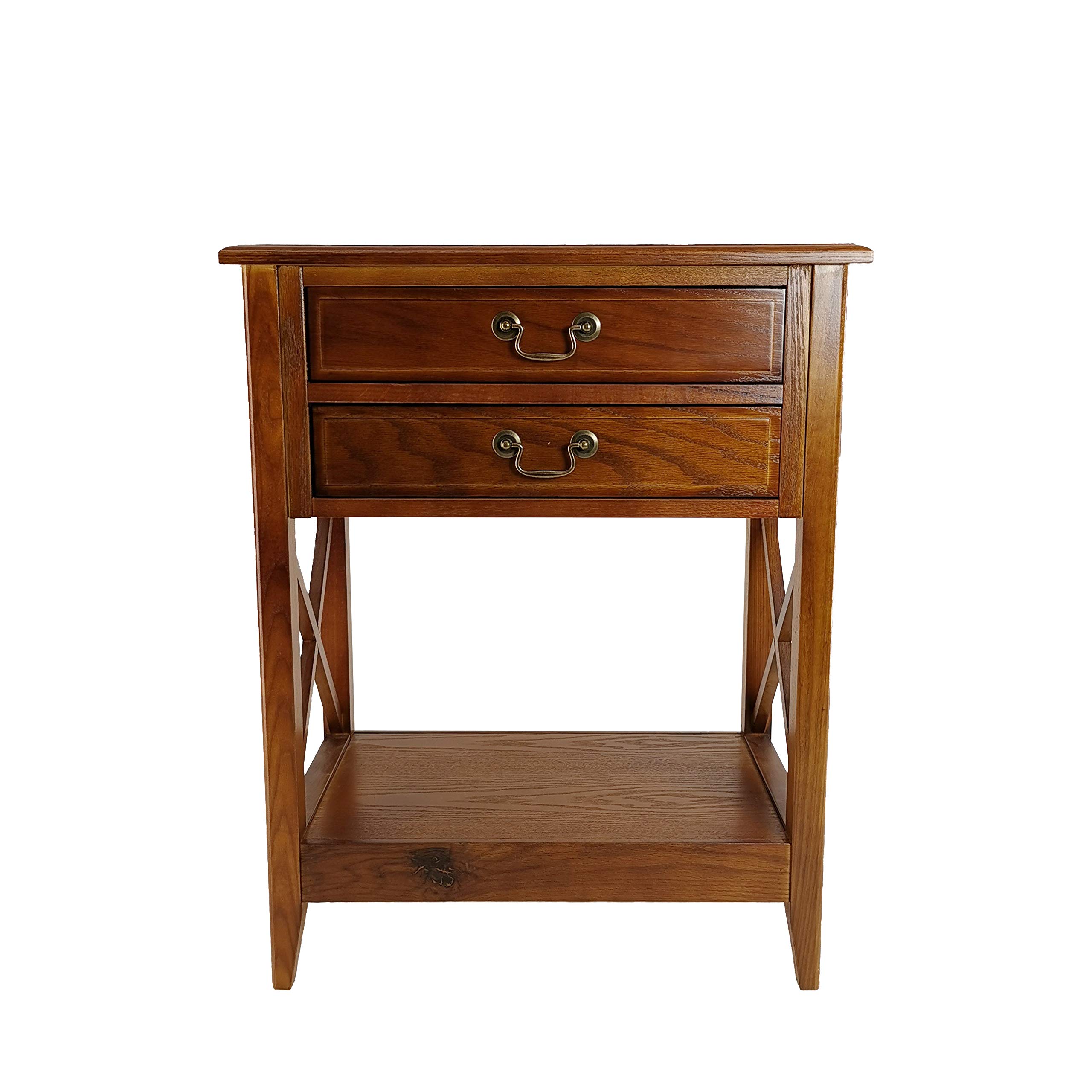 Benjara Brown Wooden Nightstand with 2 Drawers and Criss Cross Sides - Bedside Table for Bedroom, Living Room, or Guest Room - Perfect for Storing Books, Lamps, and Bedroom Essentials
