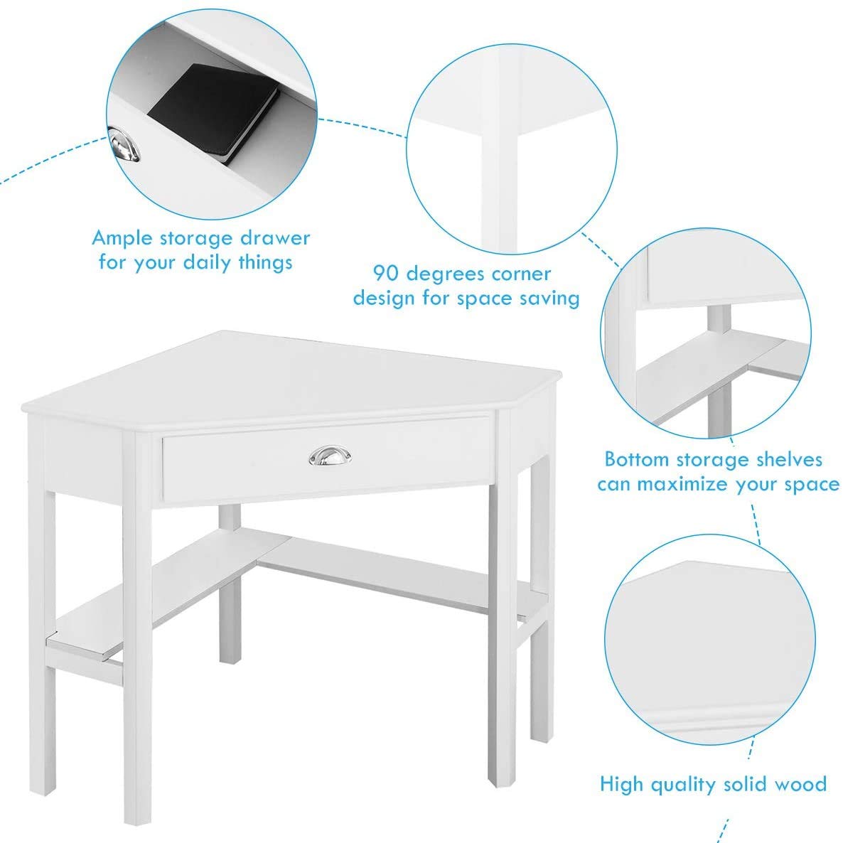 LDAILY White Corner Desk - Compact Triangle Makeup Vanity & Writing Desk with Storage Shelves & Drawer, Space-Saving Computer Desk for Small Bedroom, Home Office | Perfect for Makeup, Study, Work & Home Office Organization