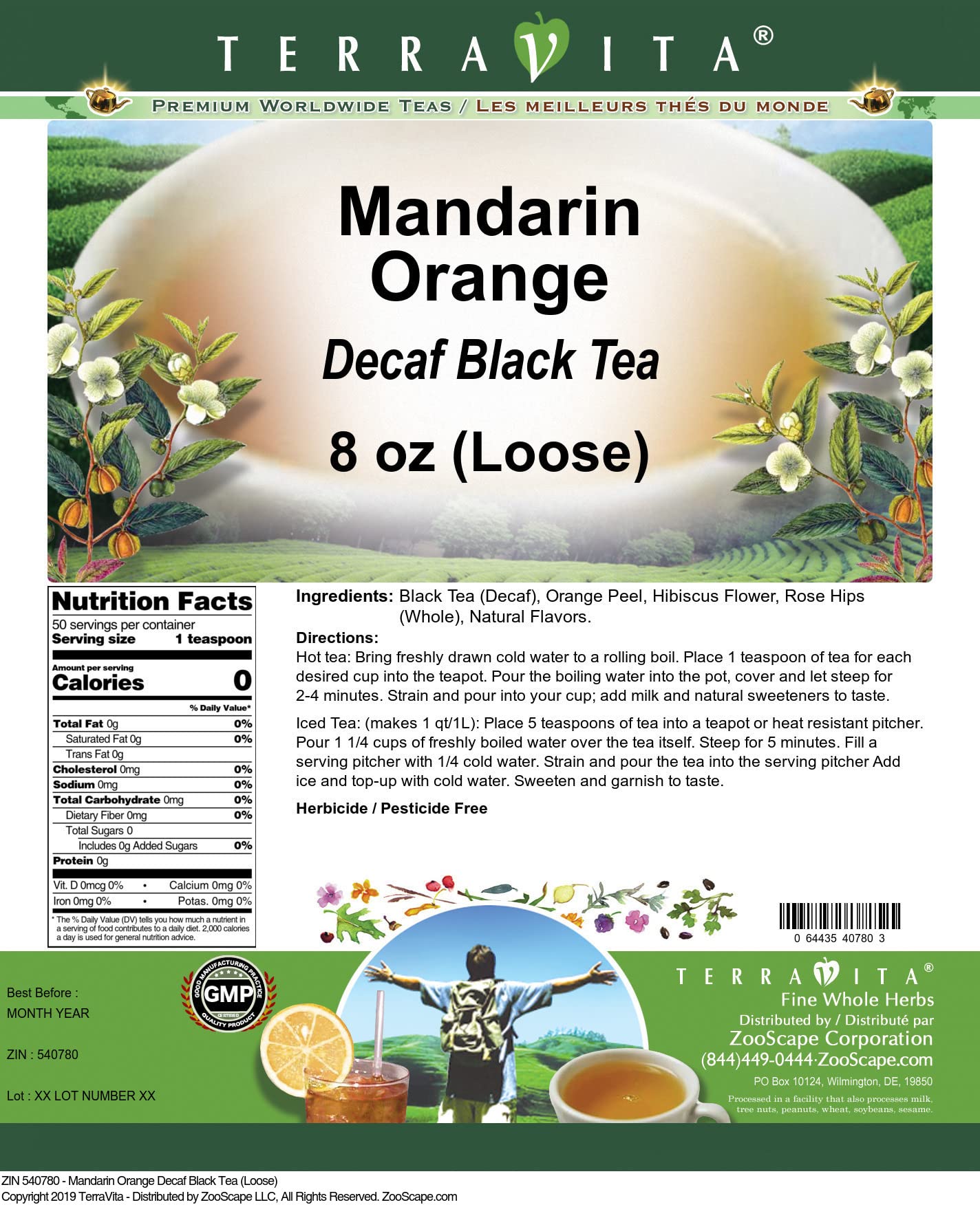 Premium Mandarin Orange Decaf Black Loose Leaf Tea - 8 oz, ZIN 540780 - Citrusy & Smooth for Relaxation & Afternoon Tea Time
