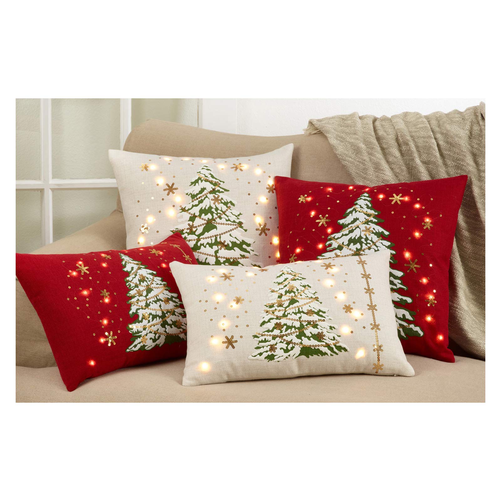 Red Christmas Tree Holiday Pillow Cover with LED Lights - 13x20 Inch Rectangular Decorative Throw Pillow Case (Filling Not Included) - Perfect for Christmas Decor, Sofa, Bed & Home Festive Decorations