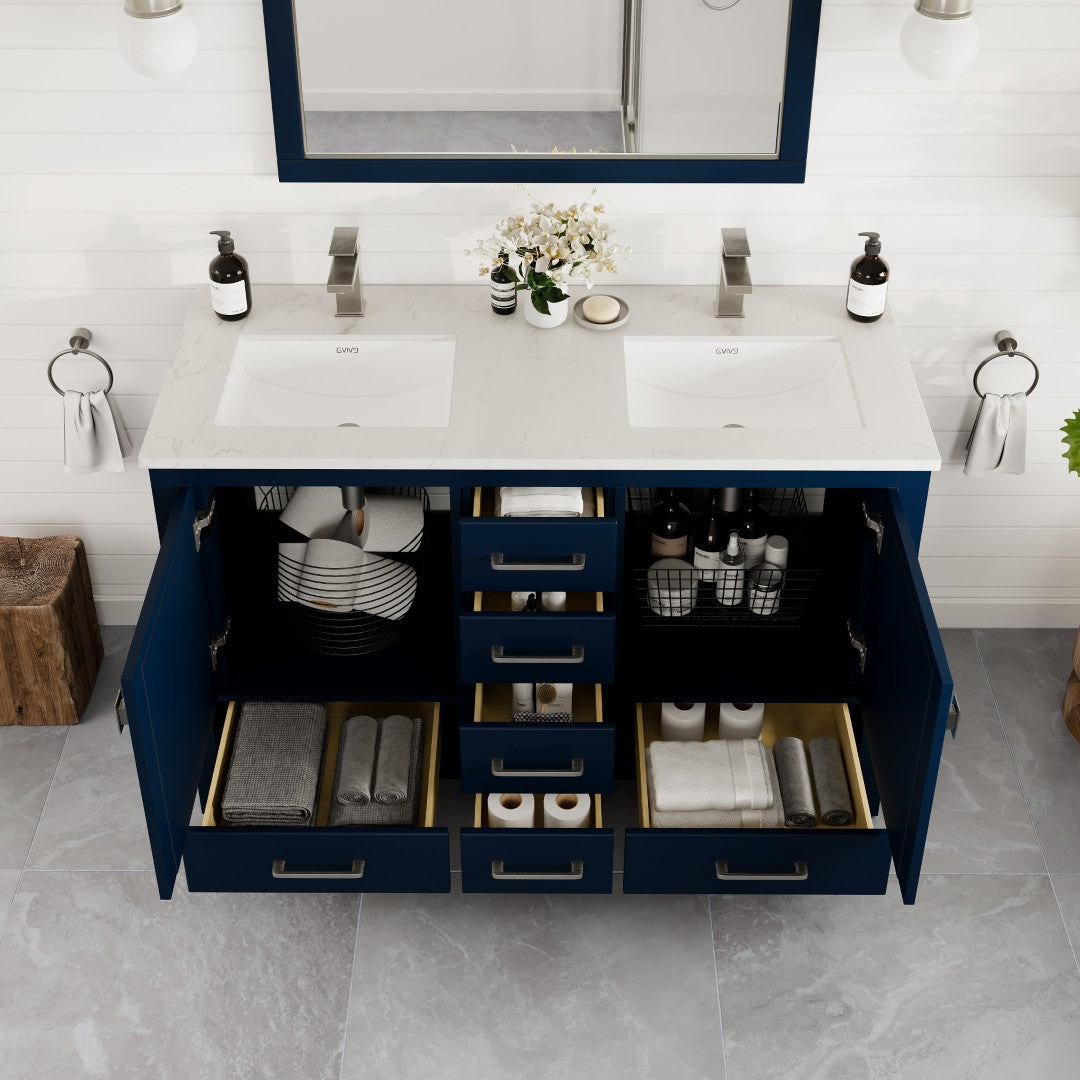 48 Inch Blue Double Sink Bathroom Vanity with Carrara Quartz Countertop & Undermount Porcelain Sinks - Modern London Style for Master Bath or Guest Bath Remodel