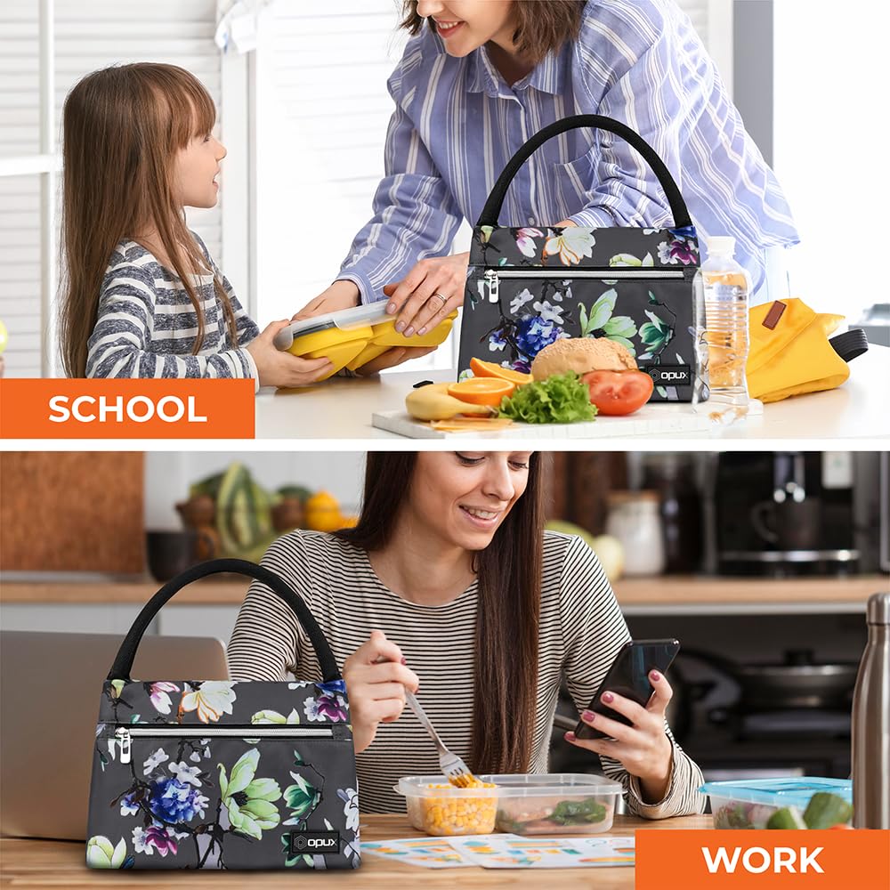 OPUX Insulated Lunch Bag for Women & Girls - Reusable Cooler Tote for Work, School, Travel & Picnic - Small Food Container Holds 11 Cans - Floral Gray Lunch Box | Perfect for Office Meals, Student Lunches & Outdoor Adventures