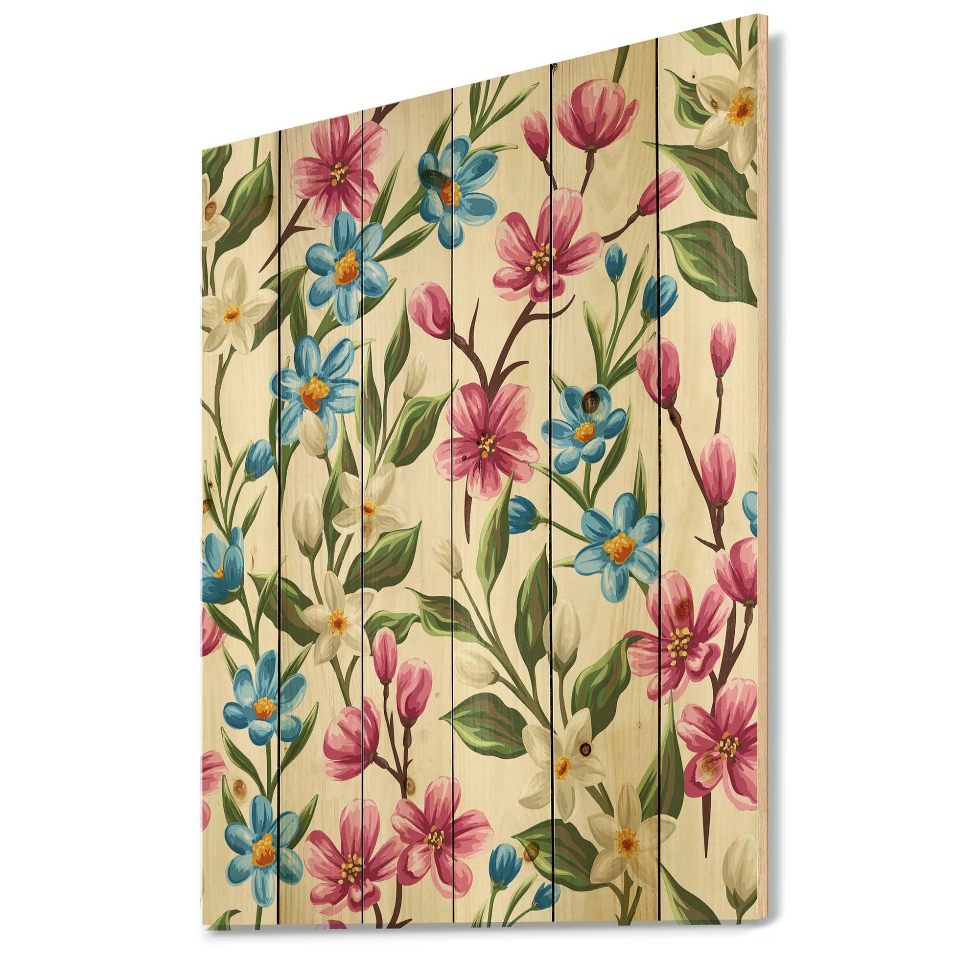Vintage Pink and Blue Wildflowers Wood Wall Decor - Large Floral Wall Art Panel Printed on Natural Pine - Perfect for Living Room, Bedroom, and Farmhouse Decor