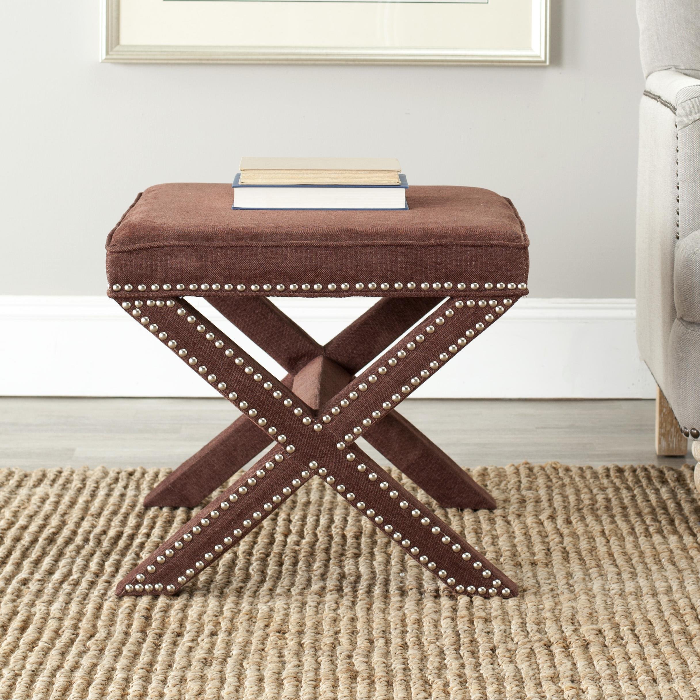 Safavieh Palmer Chocolate Brown X-Bench Ottoman with Silver Nailhead Trim - Stylish Footrest & Extra Seating for Living Room, Bedroom or Entryway