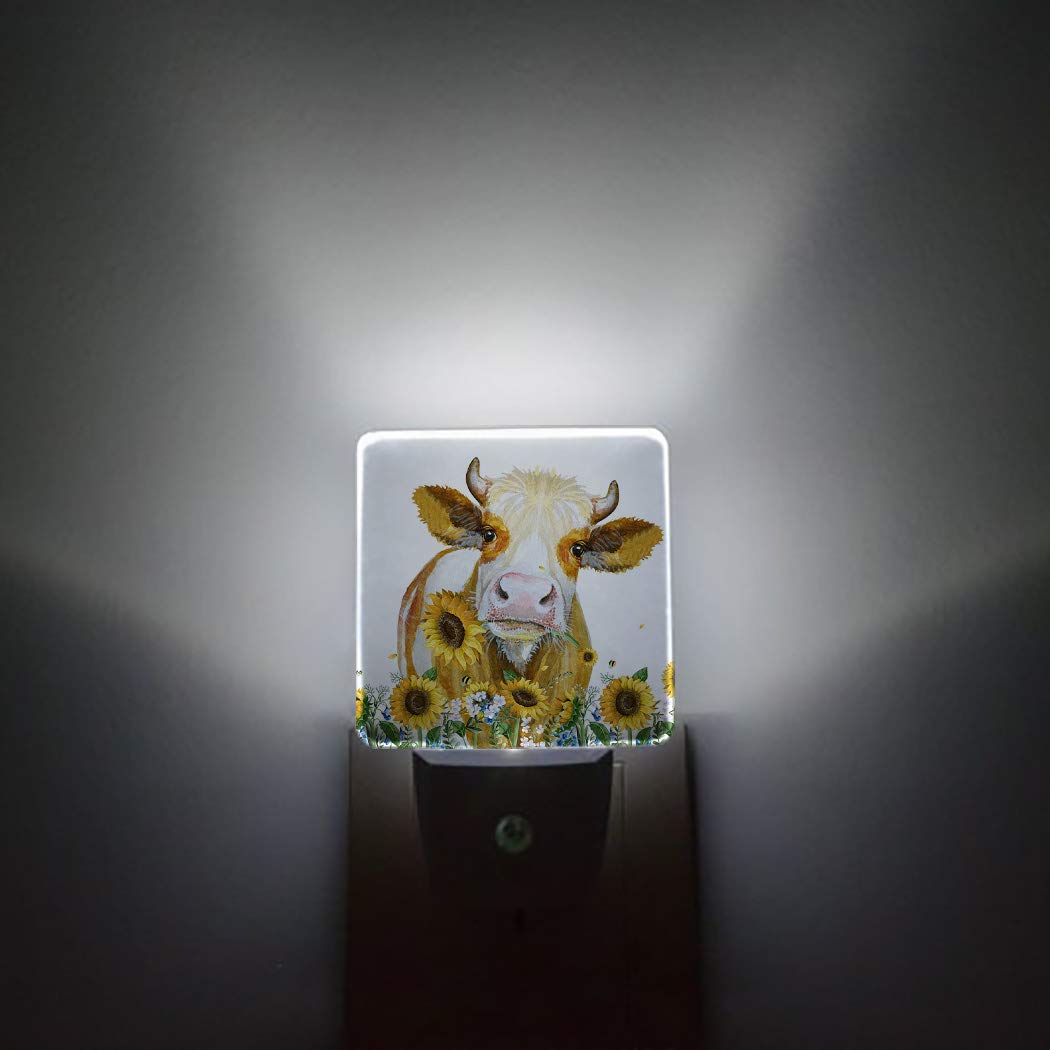 LED Night Light Plug in for Bedroom & Nursery - Sunflower Cow Wall Light with Auto Sensor, Kids Room Decor for Boys & Girls | Perfect for Bedtime, Hallway Safety & Baby Monitoring