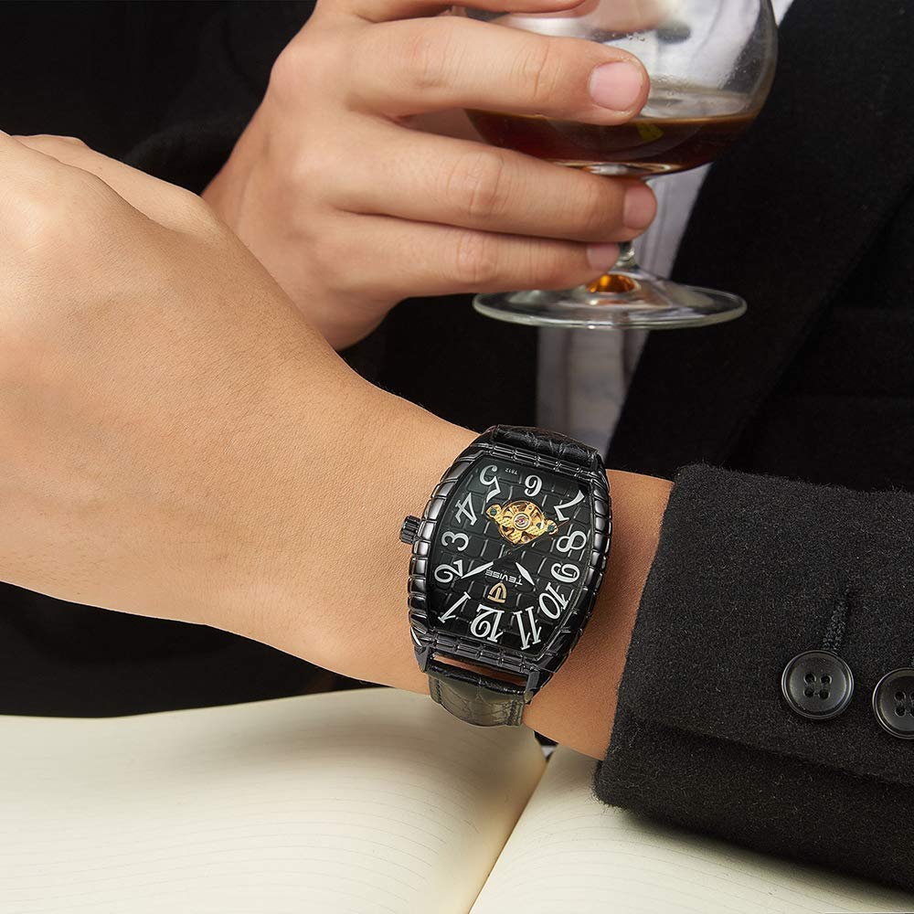 Premium Gosasa Men's Luxury Automatic Mechanical Watch - Black Leather Strap, Rectangle Dial, Fashionable & Cool Design | Perfect for Casual Wear, Business, and Special Occasions