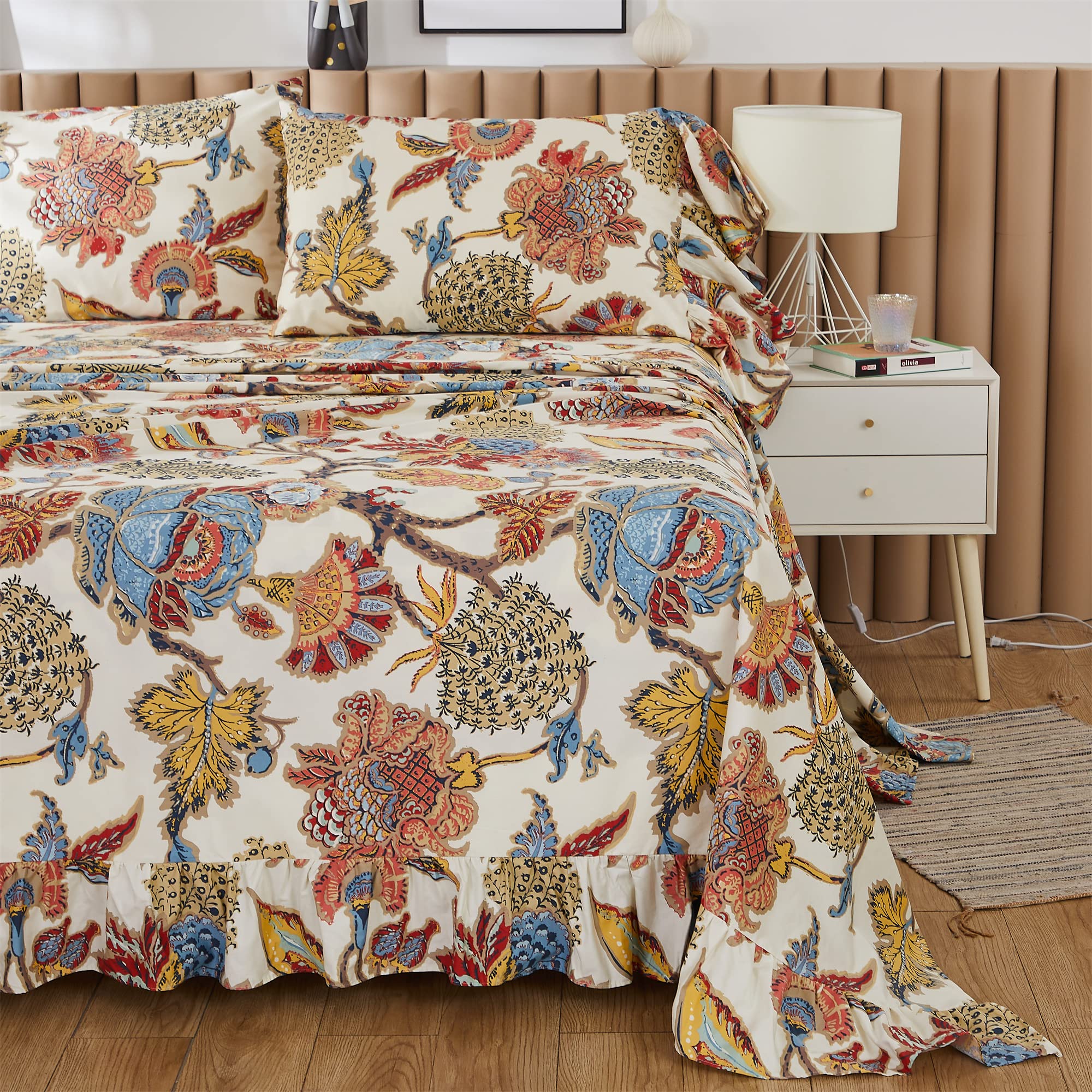 ABREEZE 100% Cotton Floral Sheet Set - Soft Ruffled Bedding with Deep Pocket Fitted Sheet, Flat Sheet & Pillowcases, 4-Piece Queen Size for Cozy Bedroom Decor | Perfect for Guest Rooms, Master Bedrooms & Vacation Homes