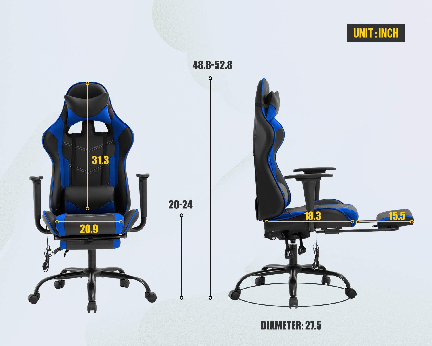 Ergonomic Gaming Chair with Headrest & Footrest - PU Leather Office Computer Desk Chair for Back Support - Adjustable Swivel Rolling Task Chair for PC Gaming, Work & Home Office Use - Blue
